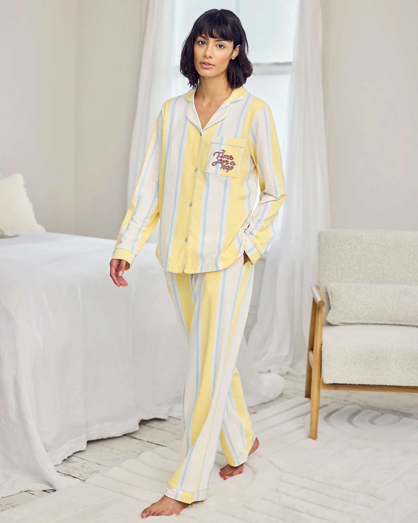 Organic Cotton Embroidered Time for a Nap Long Pyjama Set - Yellow - Image 4