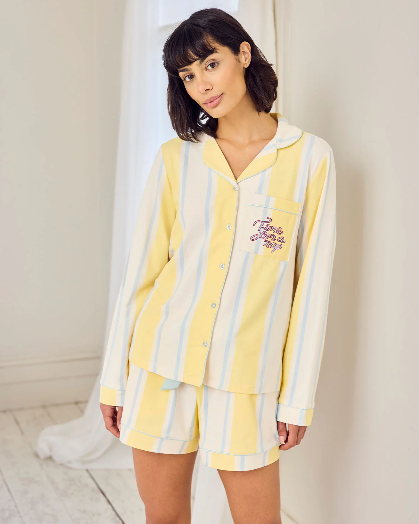 Organic Cotton Embroidered Time for a Nap Short Pyjama Set - Yellow