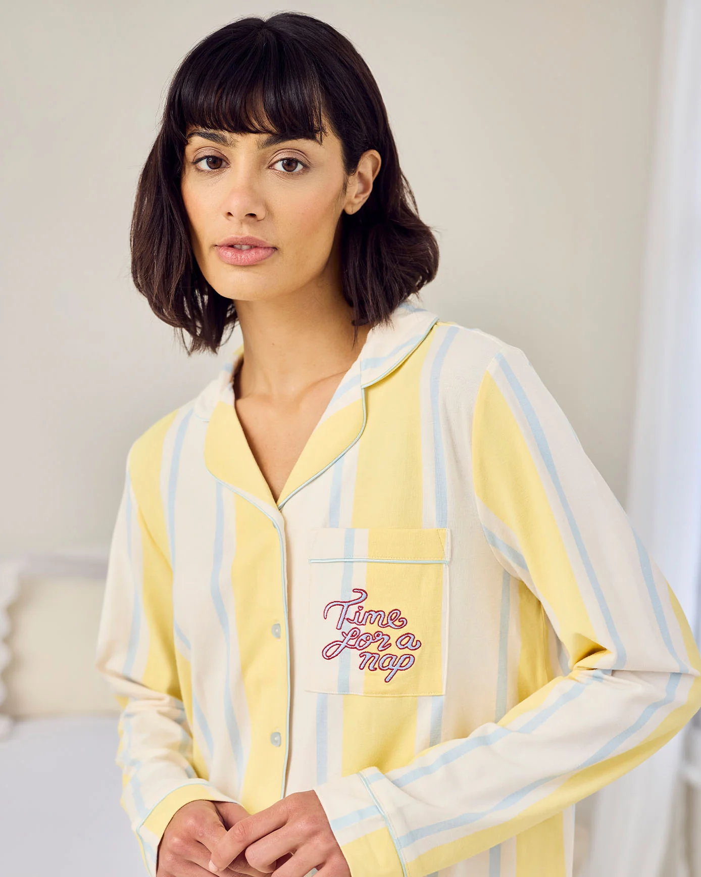 Organic Cotton Embroidered Time for a Nap Short Pyjama Set - Yellow - Image 2