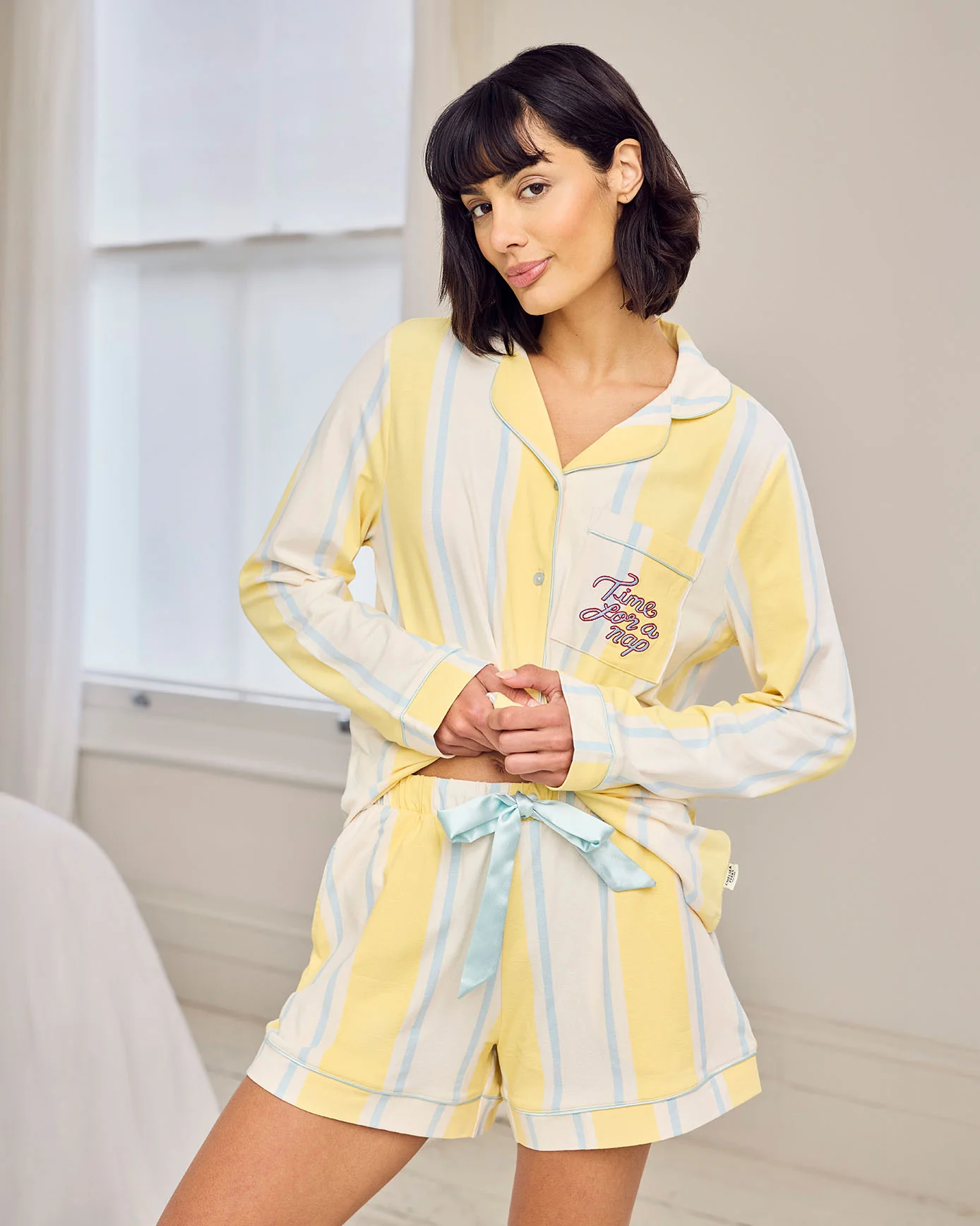 Organic Cotton Embroidered Time for a Nap Short Pyjama Set - Yellow - Image 3