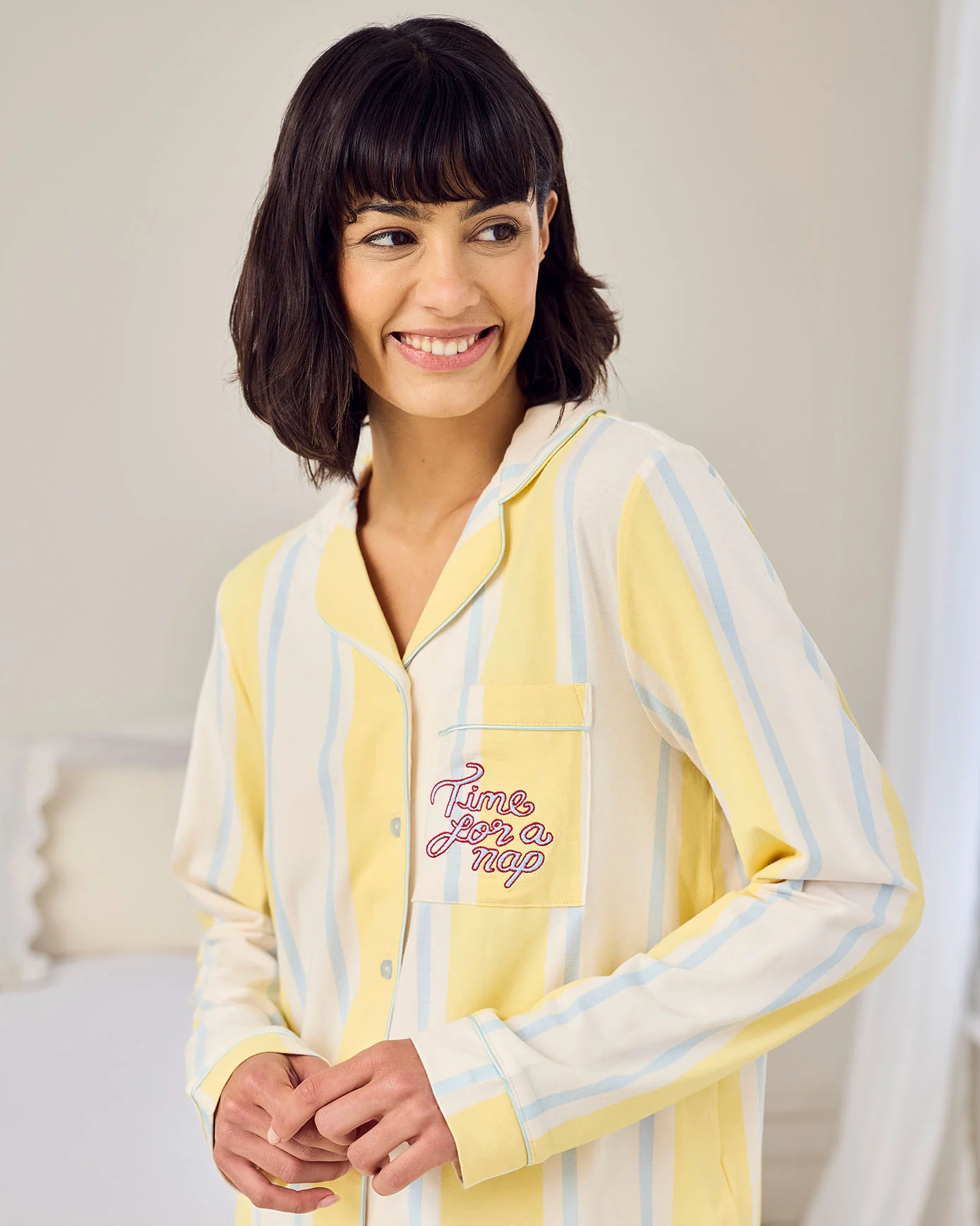 Organic Cotton Embroidered Time for a Nap Short Pyjama Set - Yellow - Image 6