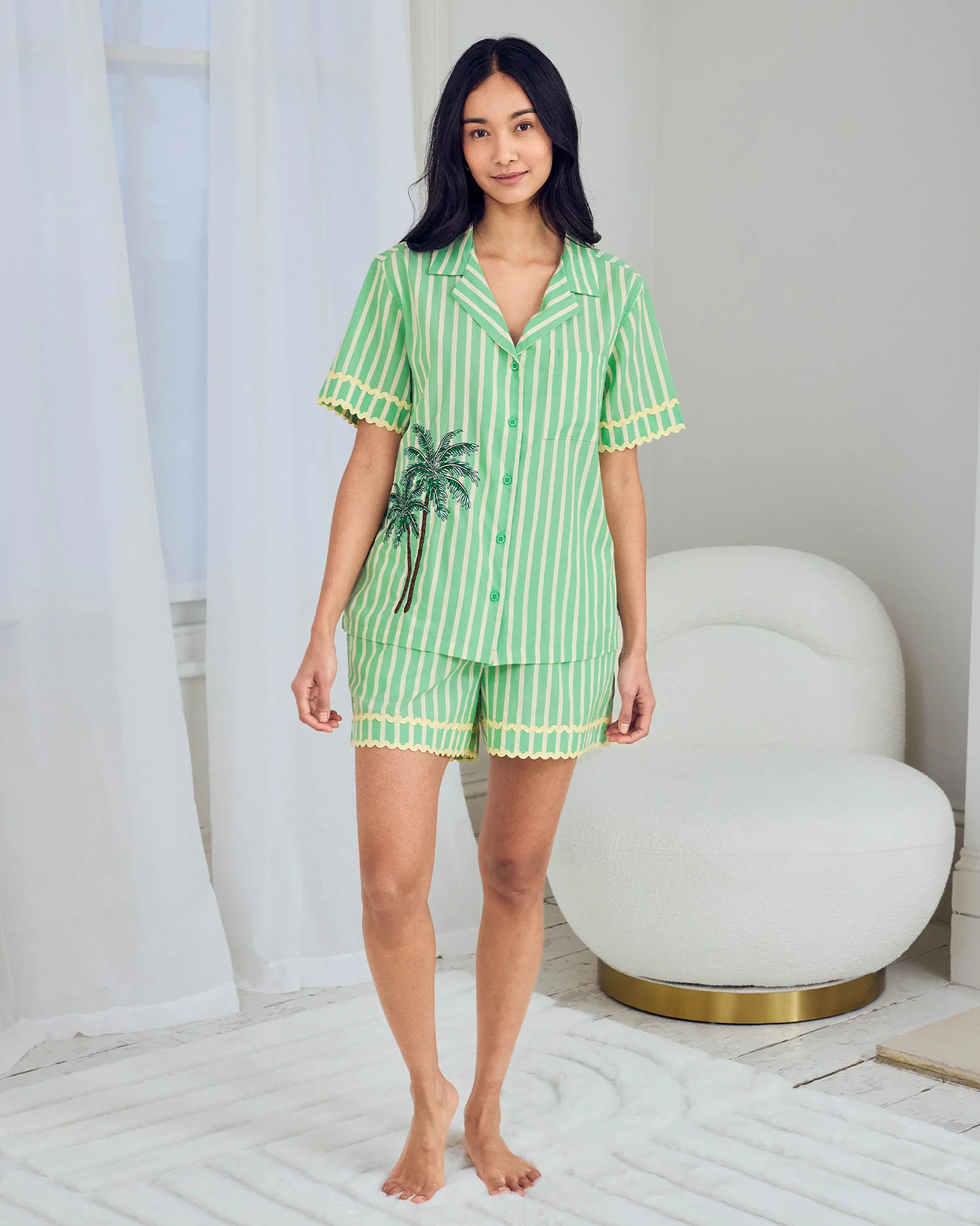 Organic Cotton Embroidered Tropical Palm Stripe Short Pyjama Set