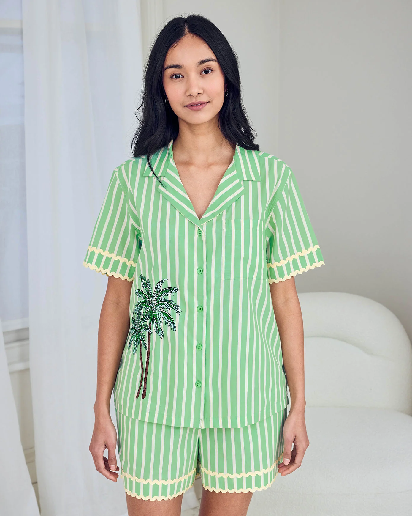Organic Cotton Embroidered Tropical Palm Stripe Short Pyjama Set - Image 2
