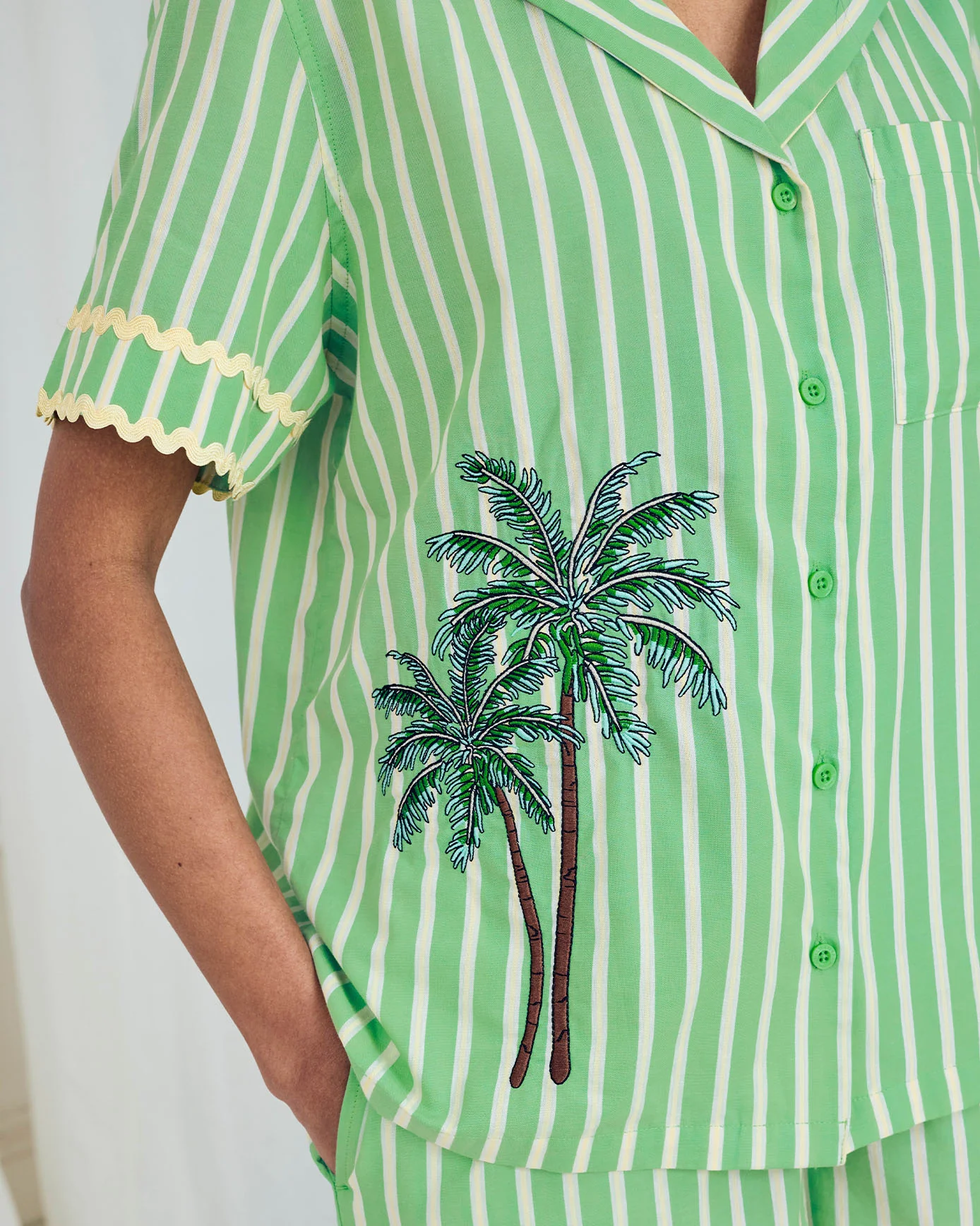 Organic Cotton Embroidered Tropical Palm Stripe Short Pyjama Set - Image 5