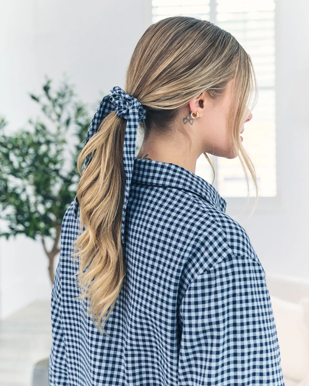 Organic Cotton Gingham Check Long Pyjama Set - Blue - Image 3
