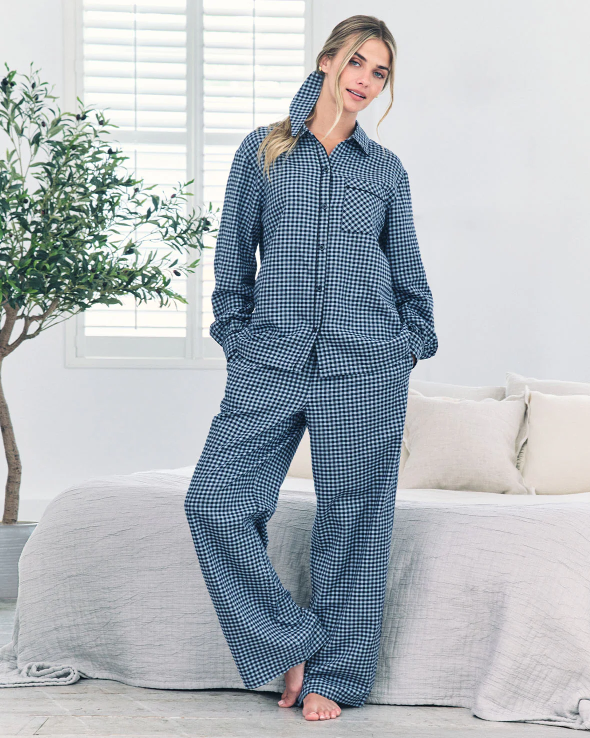 Organic Cotton Gingham Check Long Pyjama Set - Blue - Image 4