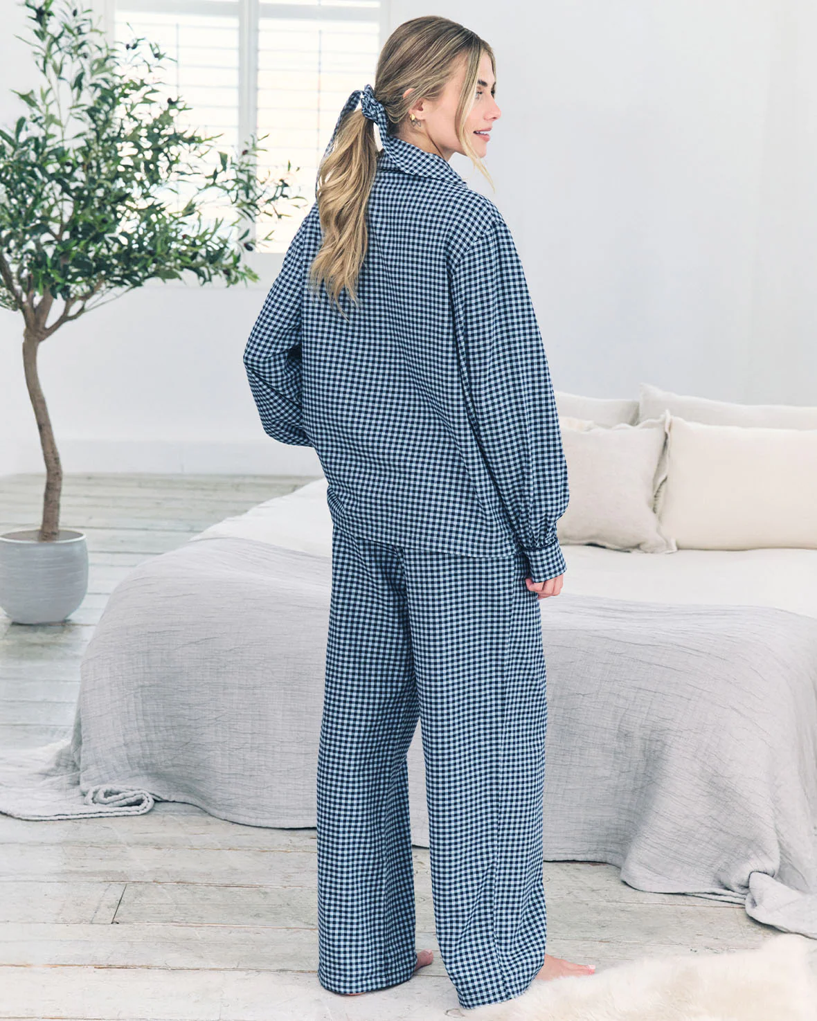 Organic Cotton Gingham Check Long Pyjama Set - Blue - Image 8
