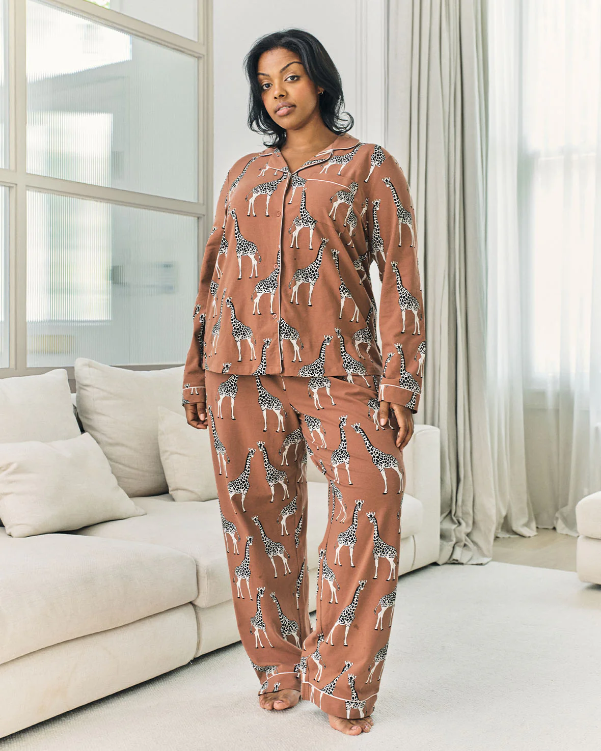 Organic Cotton Giraffe Print Long Pyjama Set - Brown - Image 7