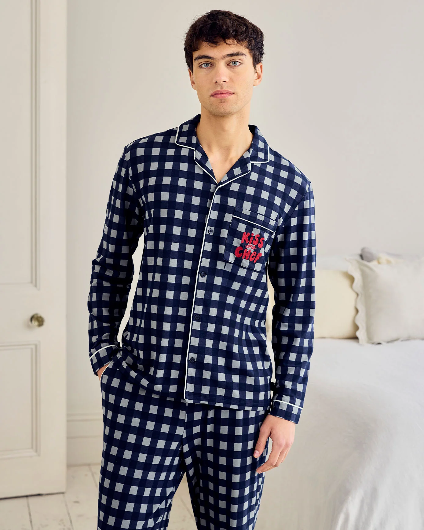 Organic Cotton Kiss the Chef Check Long Pyjama Set - Image 3
