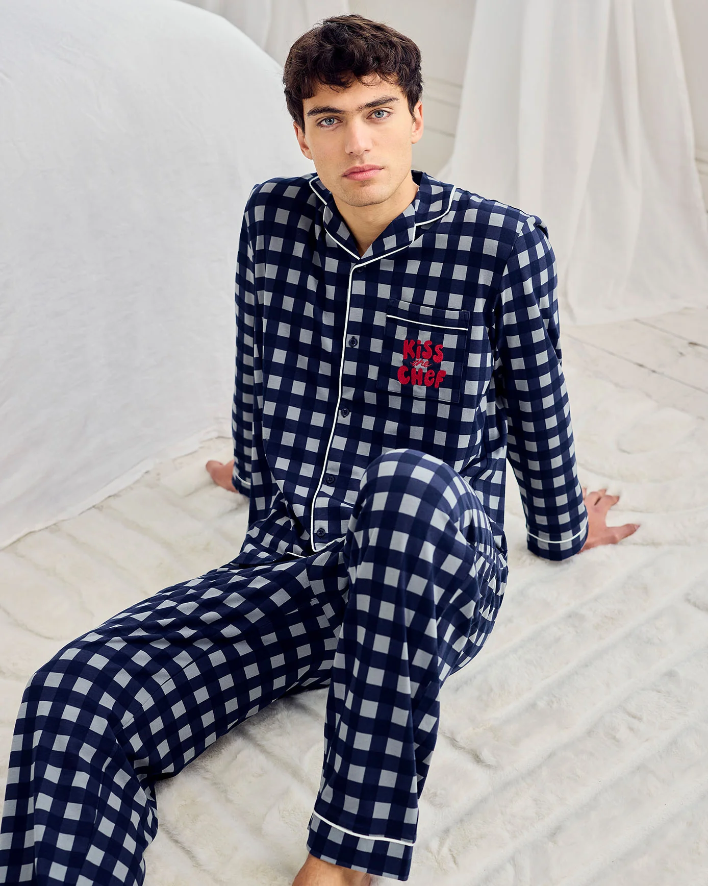 Organic Cotton Kiss the Chef Check Long Pyjama Set - Image 6