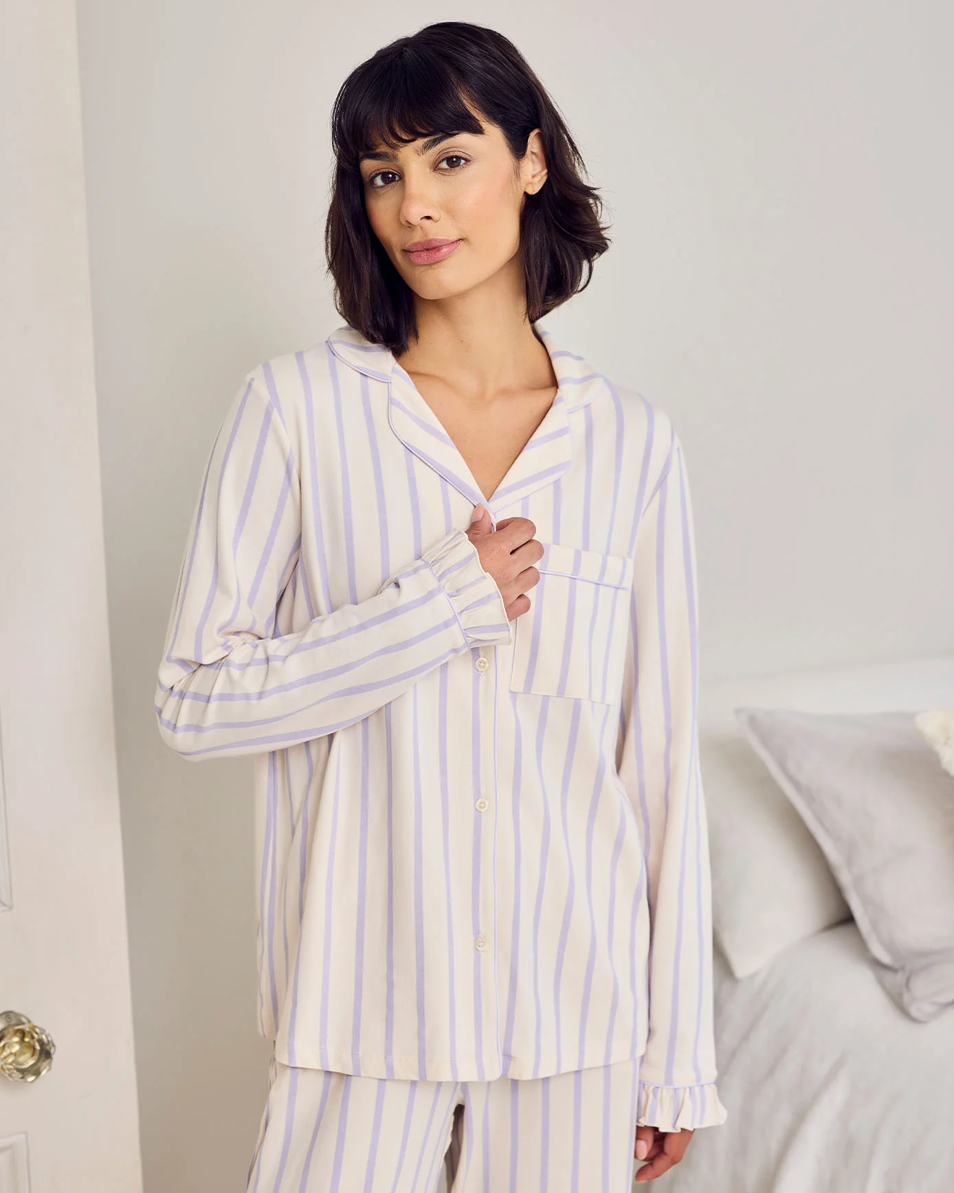 Organic Cotton Lilac Stripe Frill Long Pyjama Set - Image 2