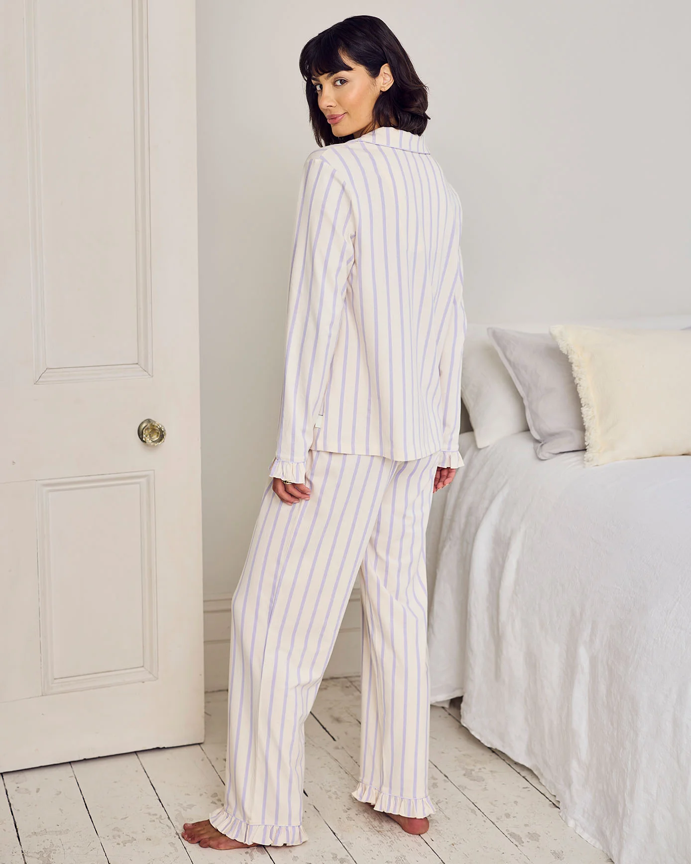 Organic Cotton Lilac Stripe Frill Long Pyjama Set - Image 4