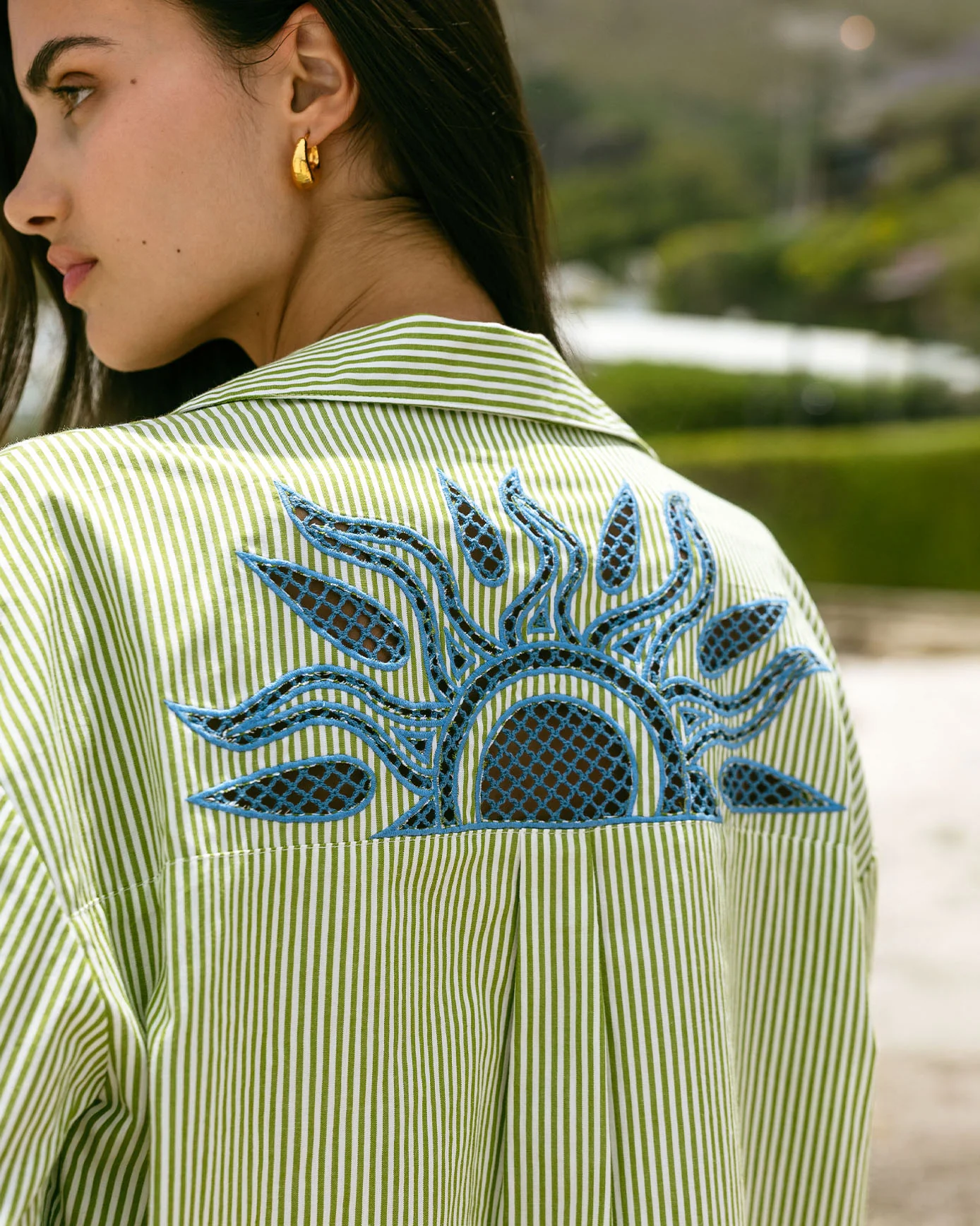 Organic Cotton Poplin Embroidered Back Stripe Long Sleeve Shirt - Image 3