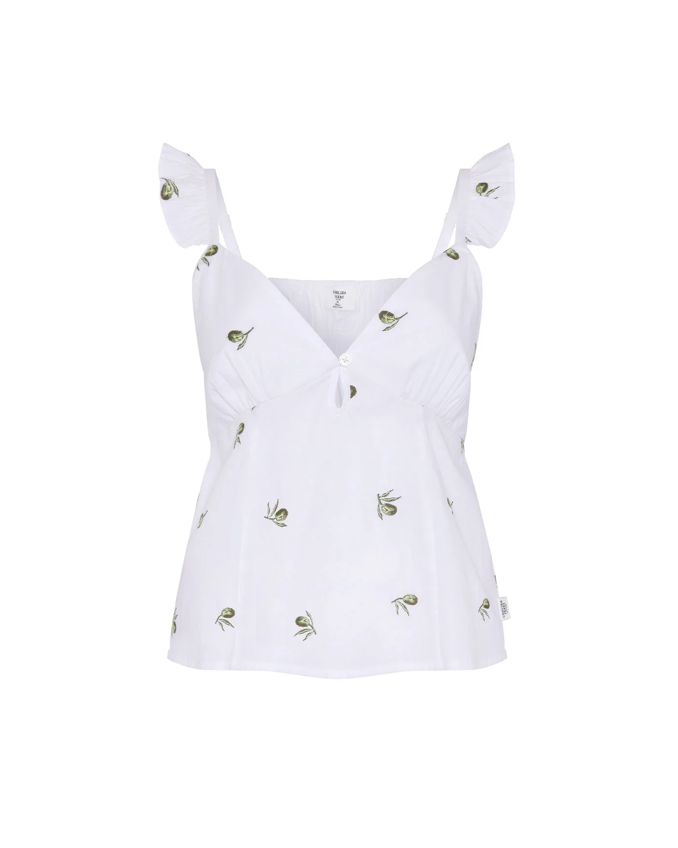 Organic Cotton Poplin Embroidered Olive Print Frill Cami Top - White - Image 5