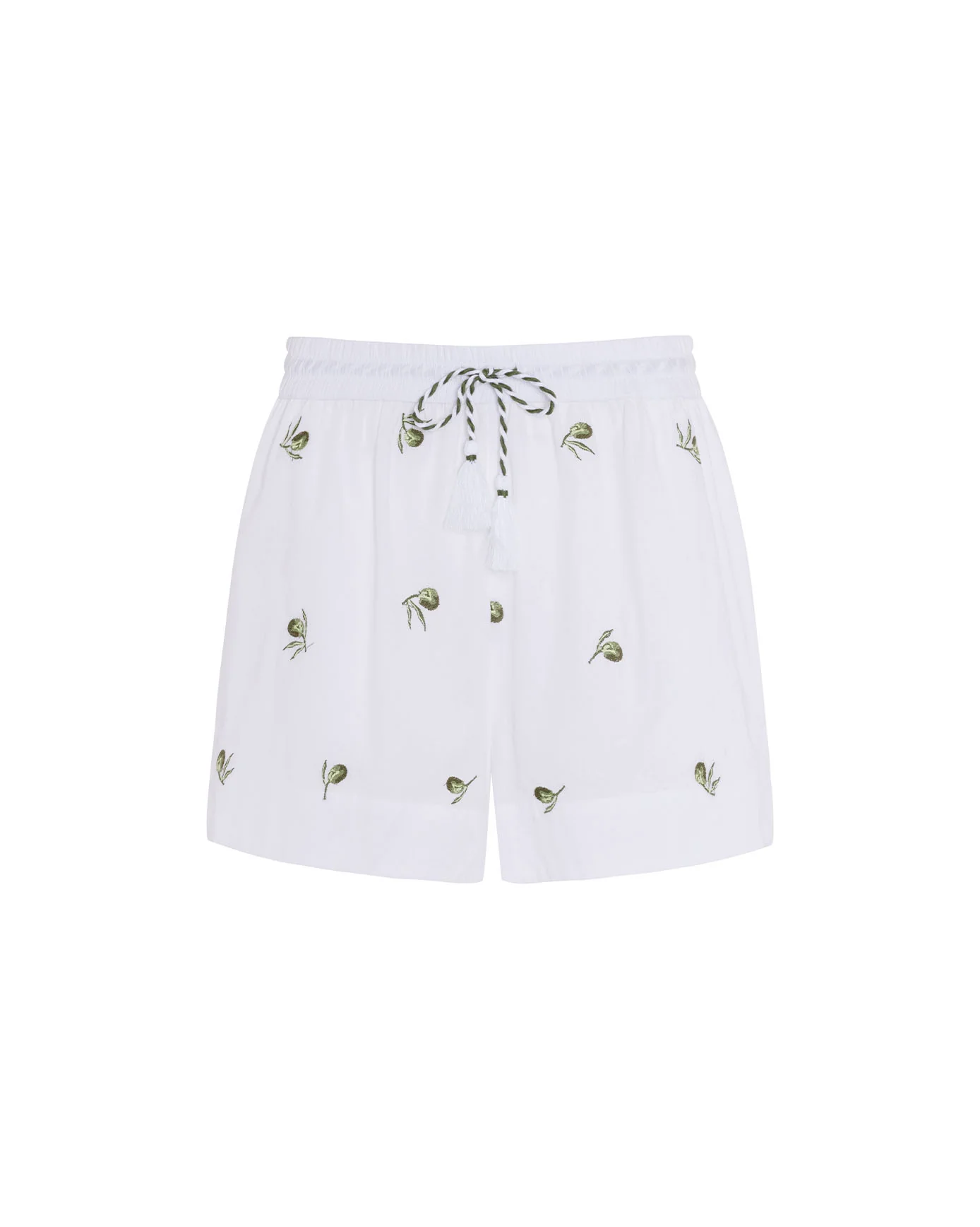 Organic Cotton Poplin Embroidered Olive Print Shorts - White - Image 5