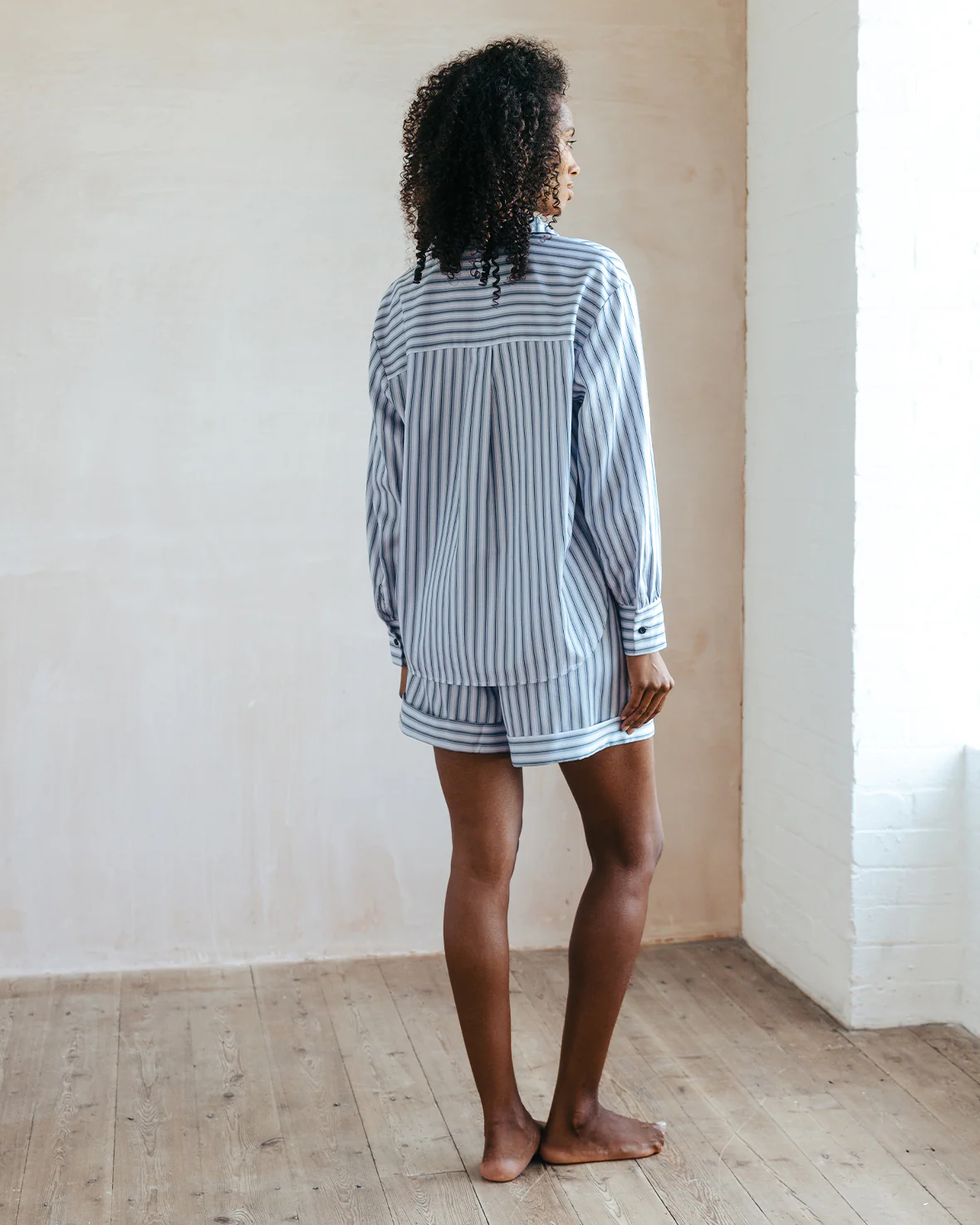Organic Cotton Sateen Stripe Short Pyjama Set - Blue - Image 4