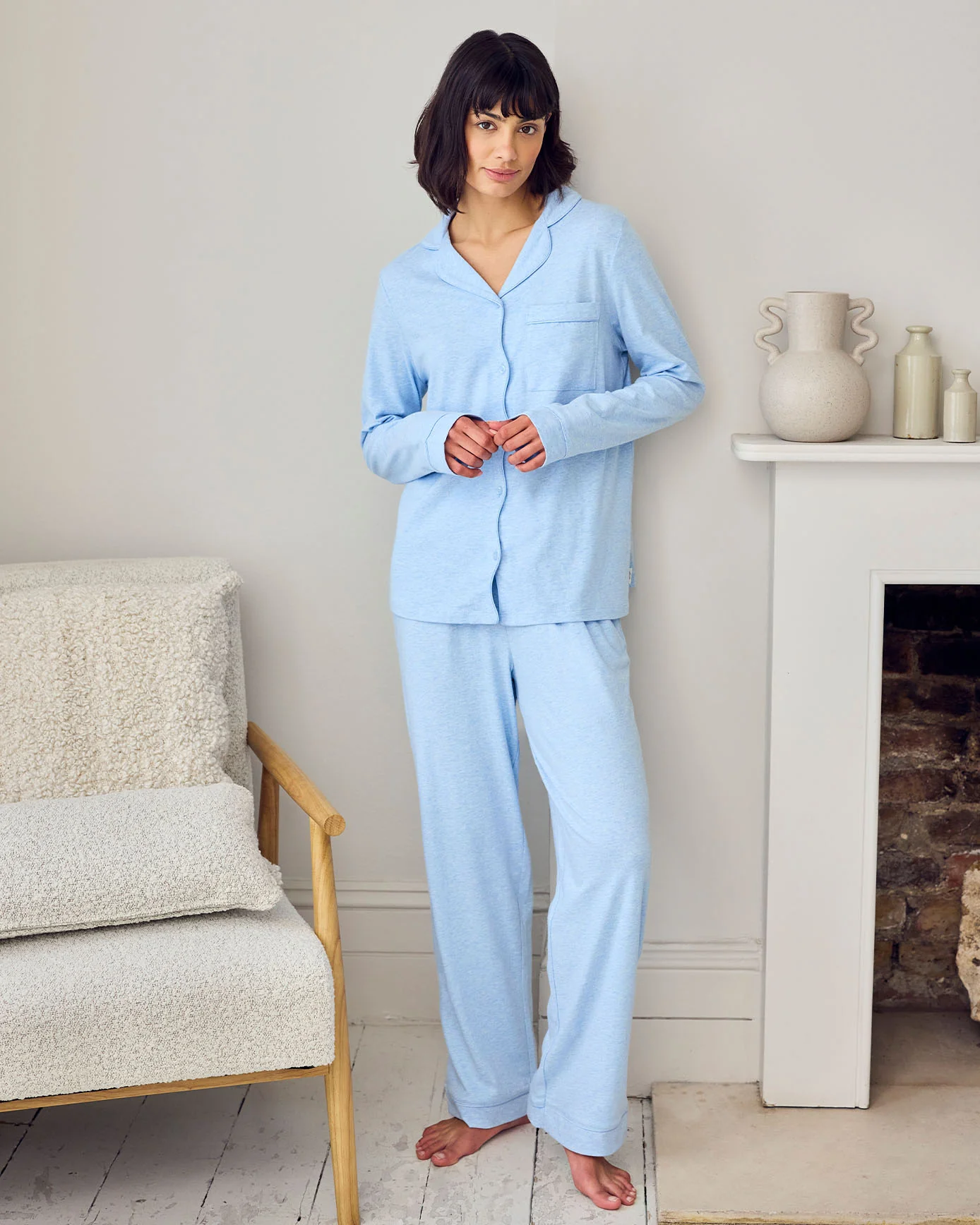 Organic Cotton Scallop Edge Long Pyjama Set - Blue