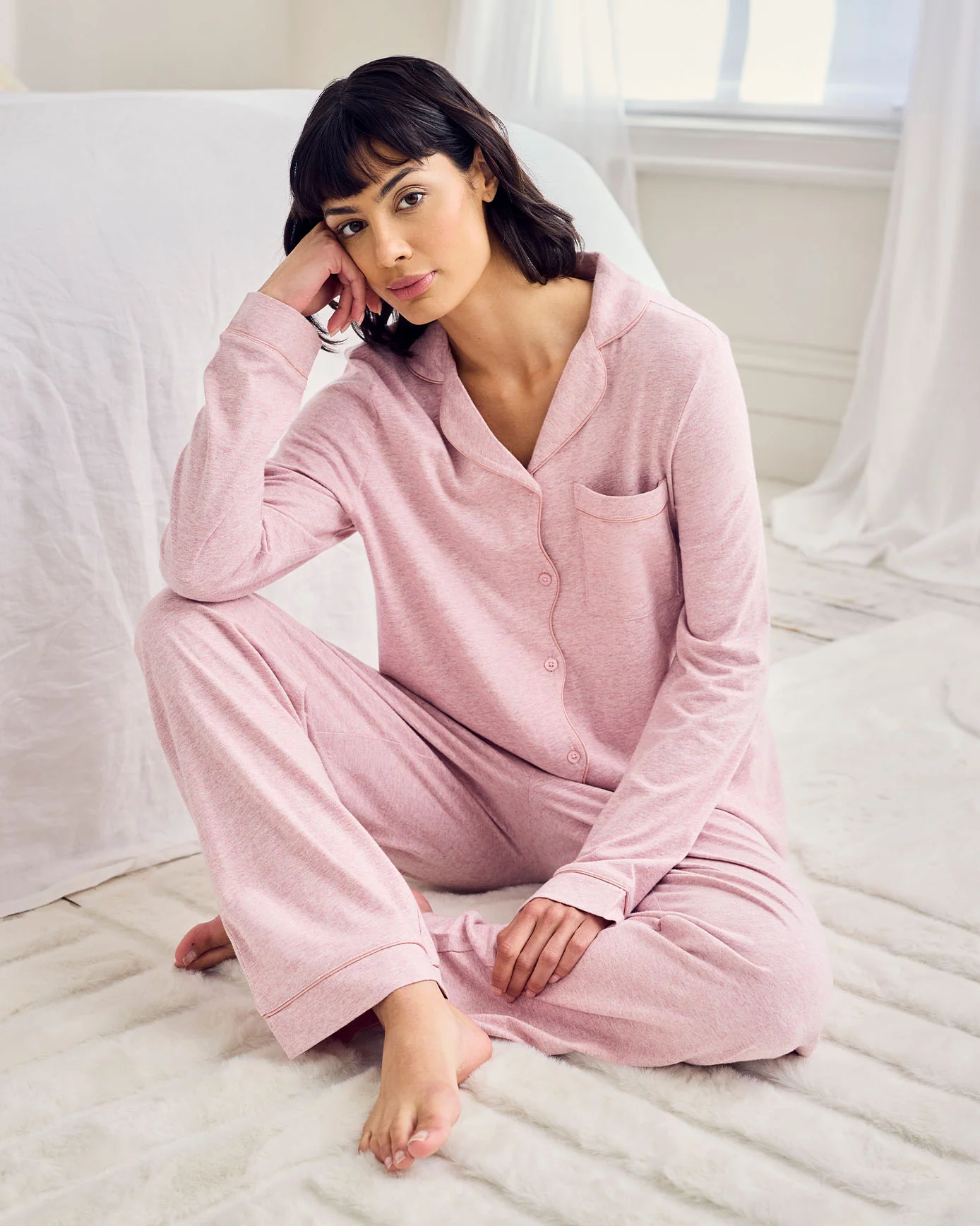 Organic Cotton Scallop Edge Long Pyjama Set - Pink