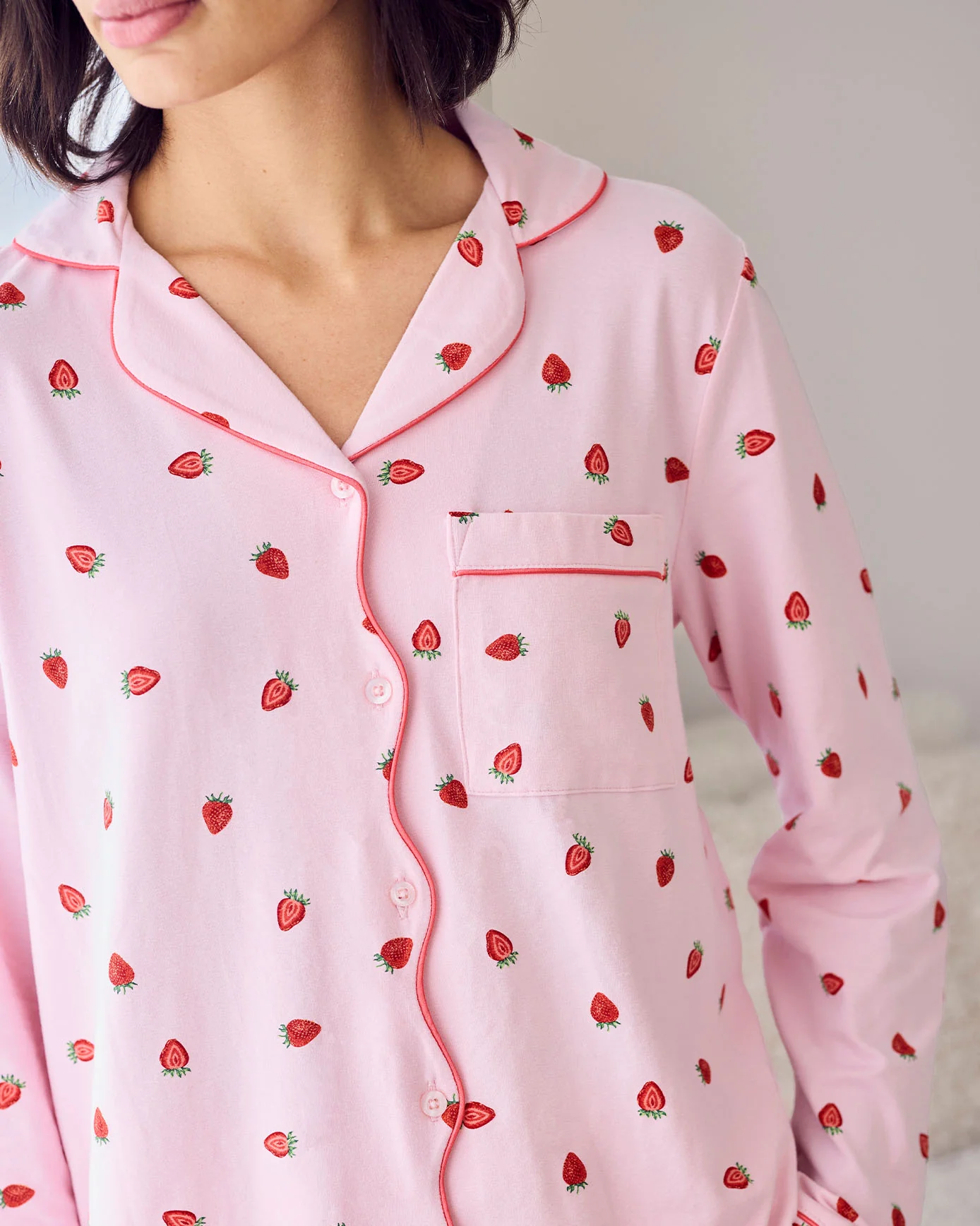 Organic Cotton Strawberry Print Scallop Edge Long Pyjama Set - Image 3