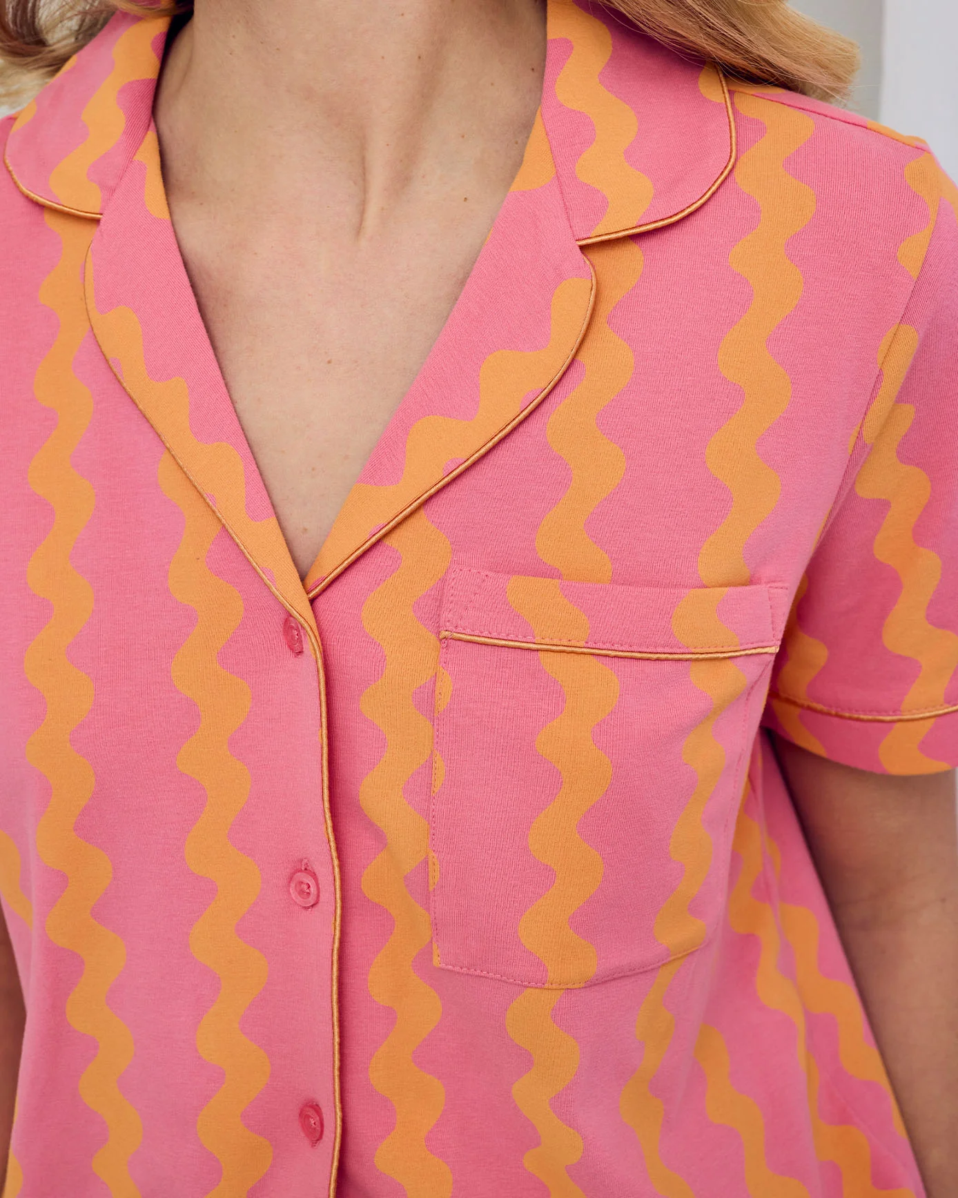 Organic Cotton Sunset Wavy Stripe Button Up Short Pyjama Set - Image 4