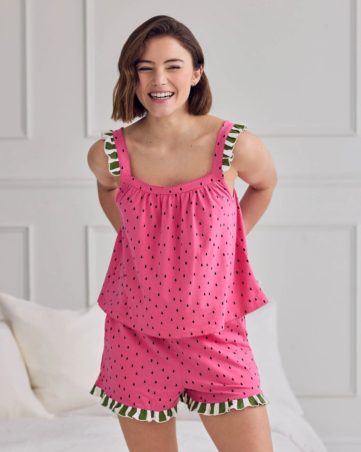 Organic Cotton Watermelon Print Frill Cami Short Pyjama Set - Image 3