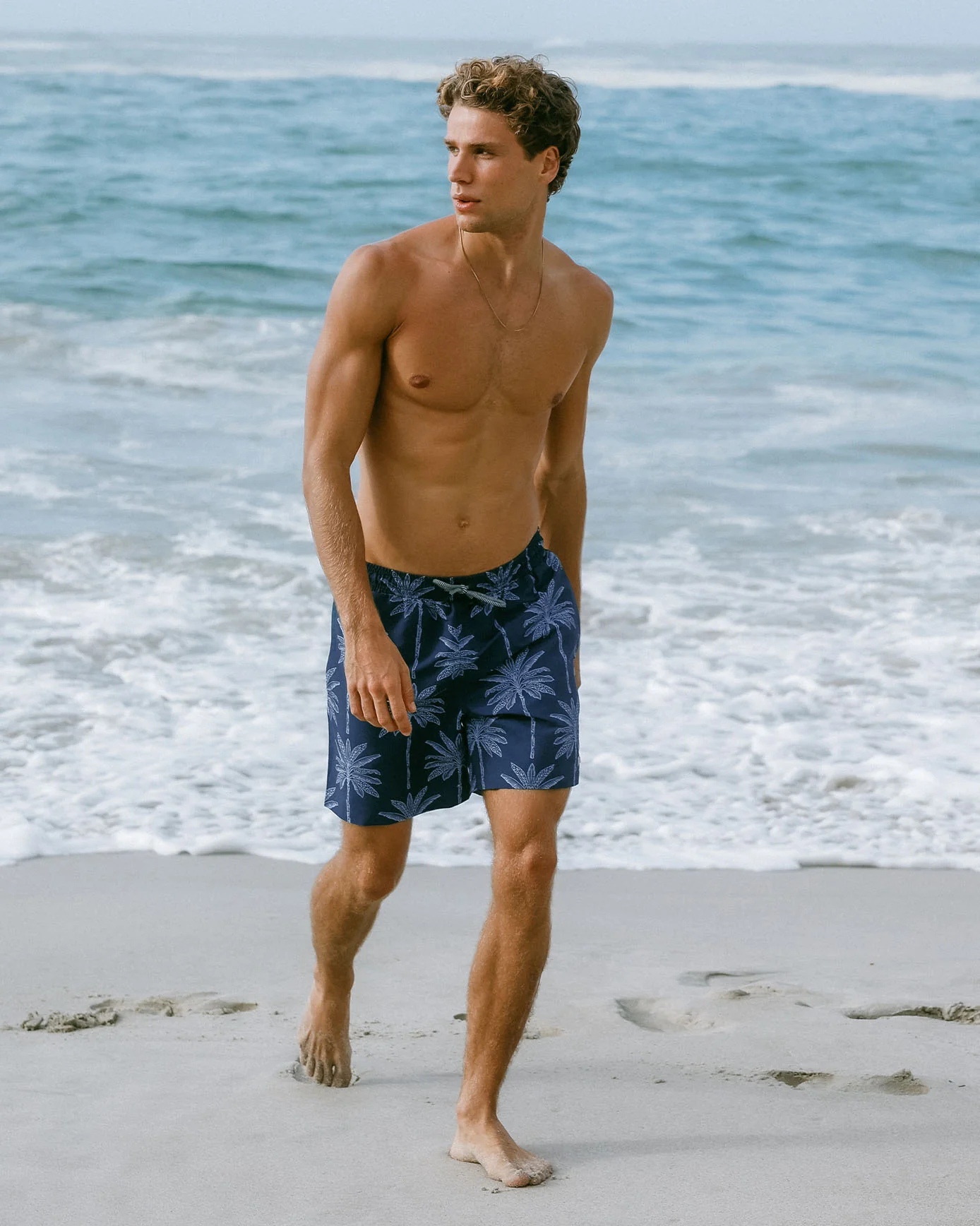 Palm Tree Print Swim Shorts - Navy - Image 4