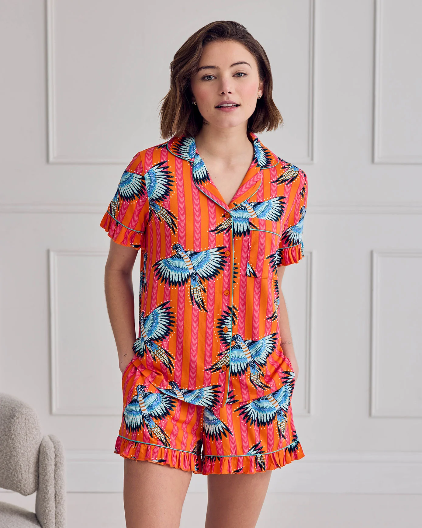Parrot Stripe Print Frill Short Pyjama Set