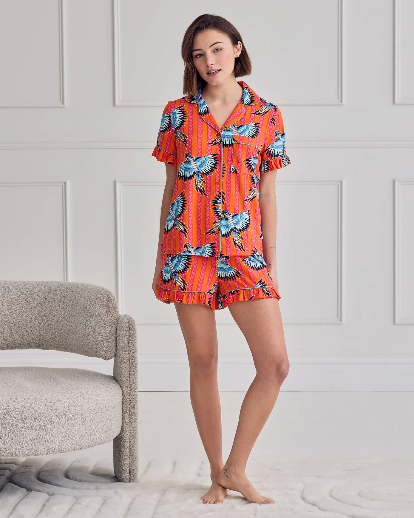 Parrot Stripe Print Frill Short Pyjama Set - Image 2