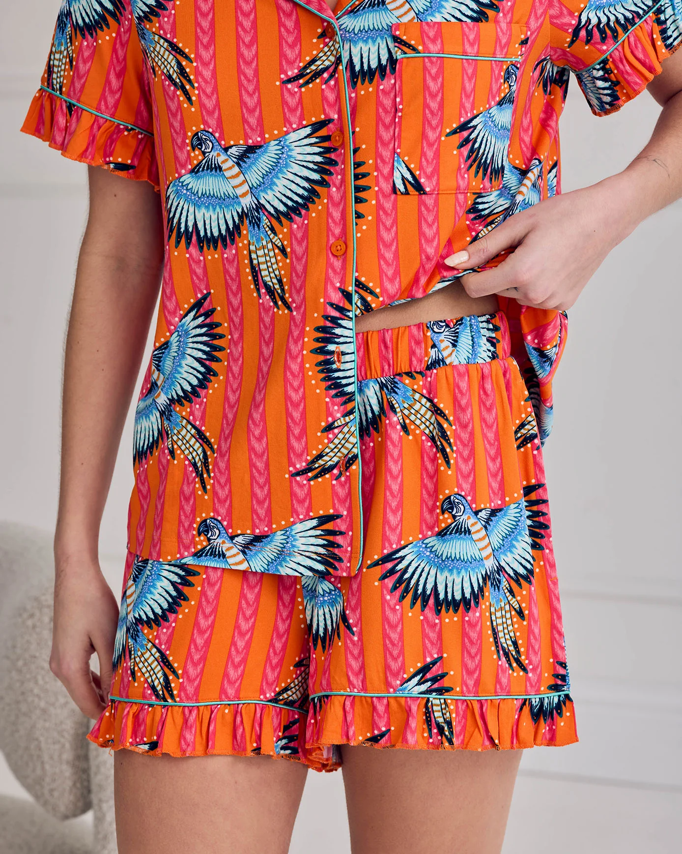 Parrot Stripe Print Frill Short Pyjama Set - Image 3