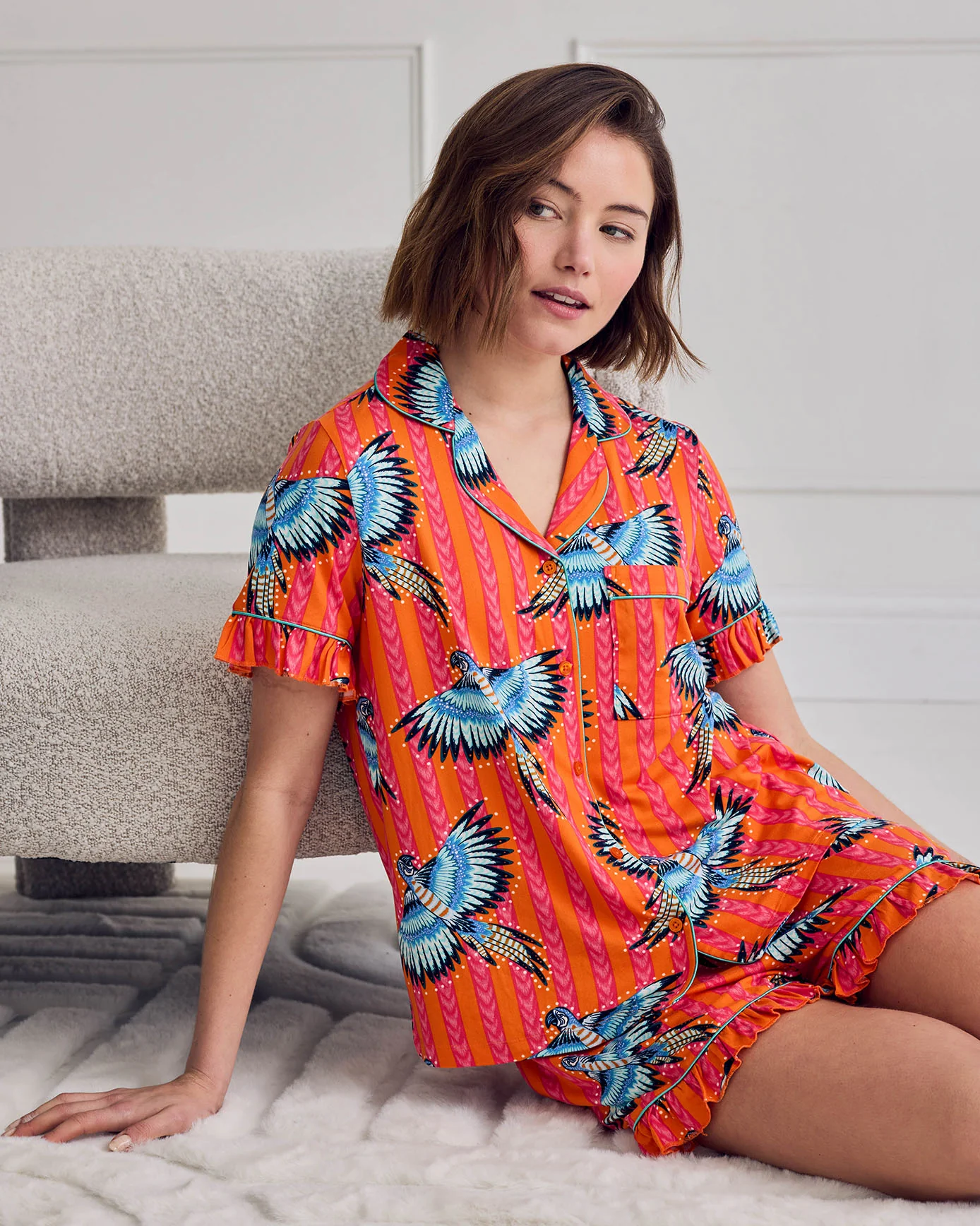 Parrot Stripe Print Frill Short Pyjama Set - Image 5