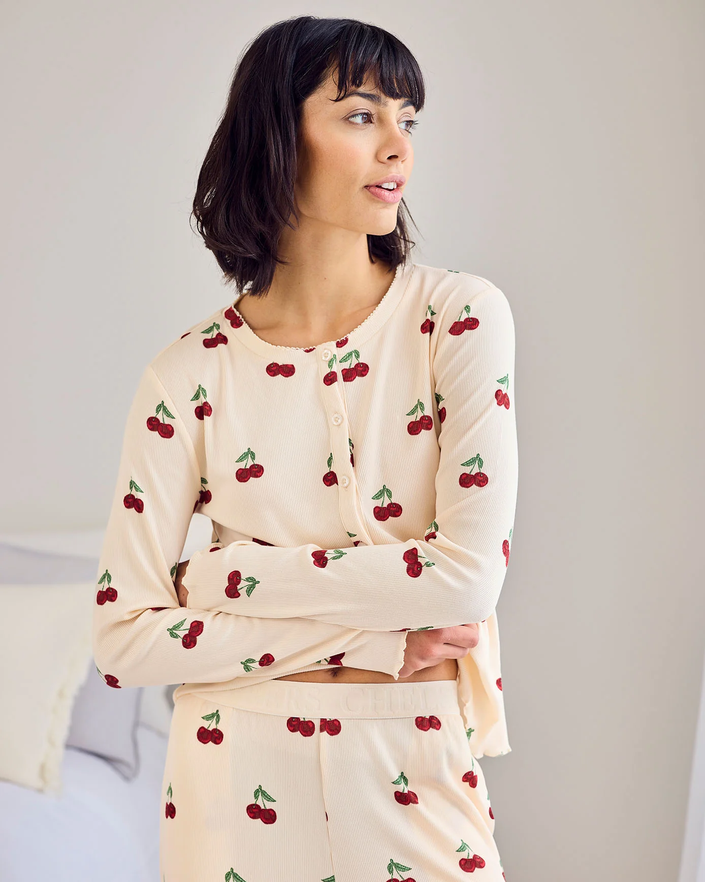 Petite Cherry Print Cardigan Ribbed Long Pyjama Set - Image 4