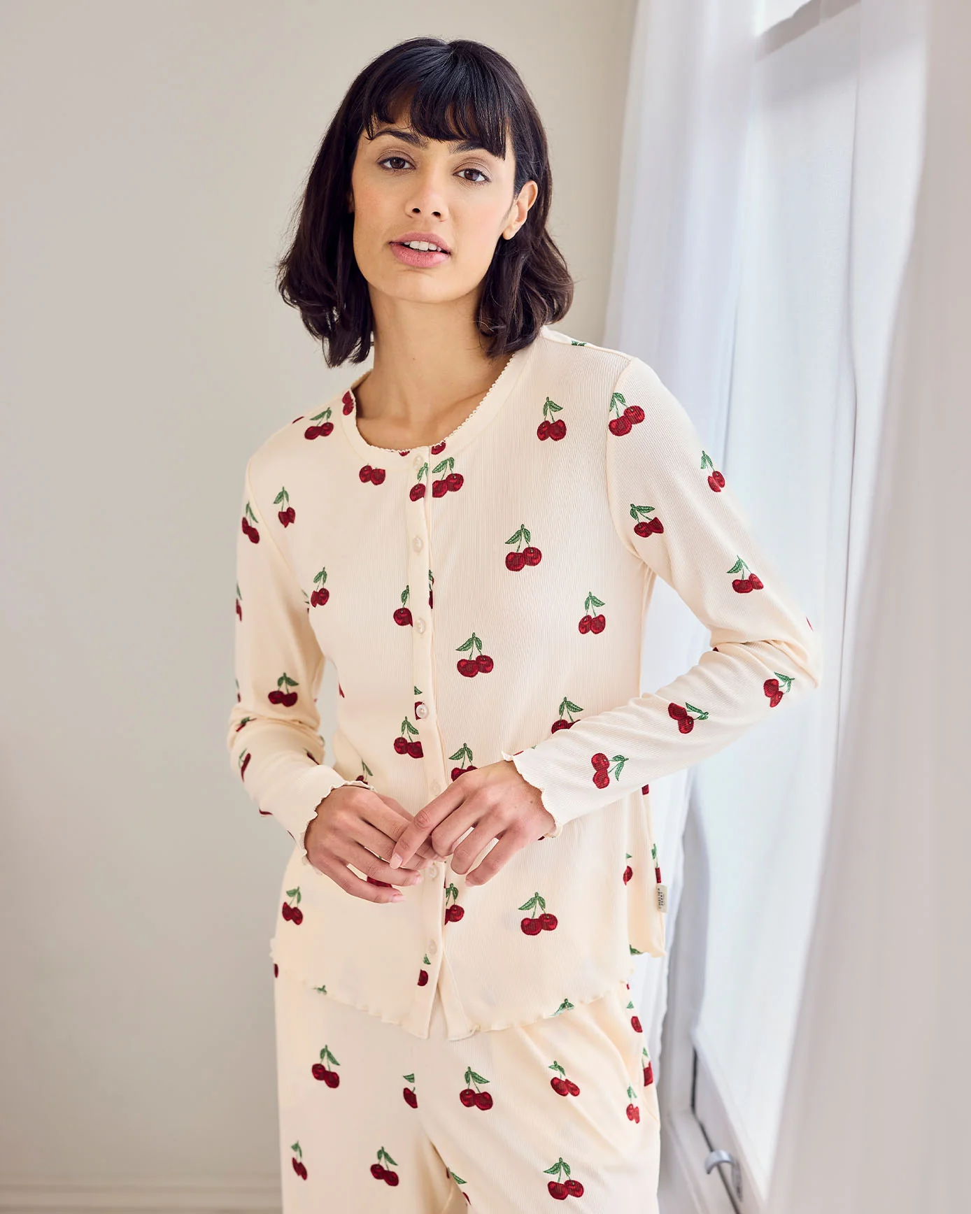 Petite Cherry Print Cardigan Ribbed Long Pyjama Set - Image 6