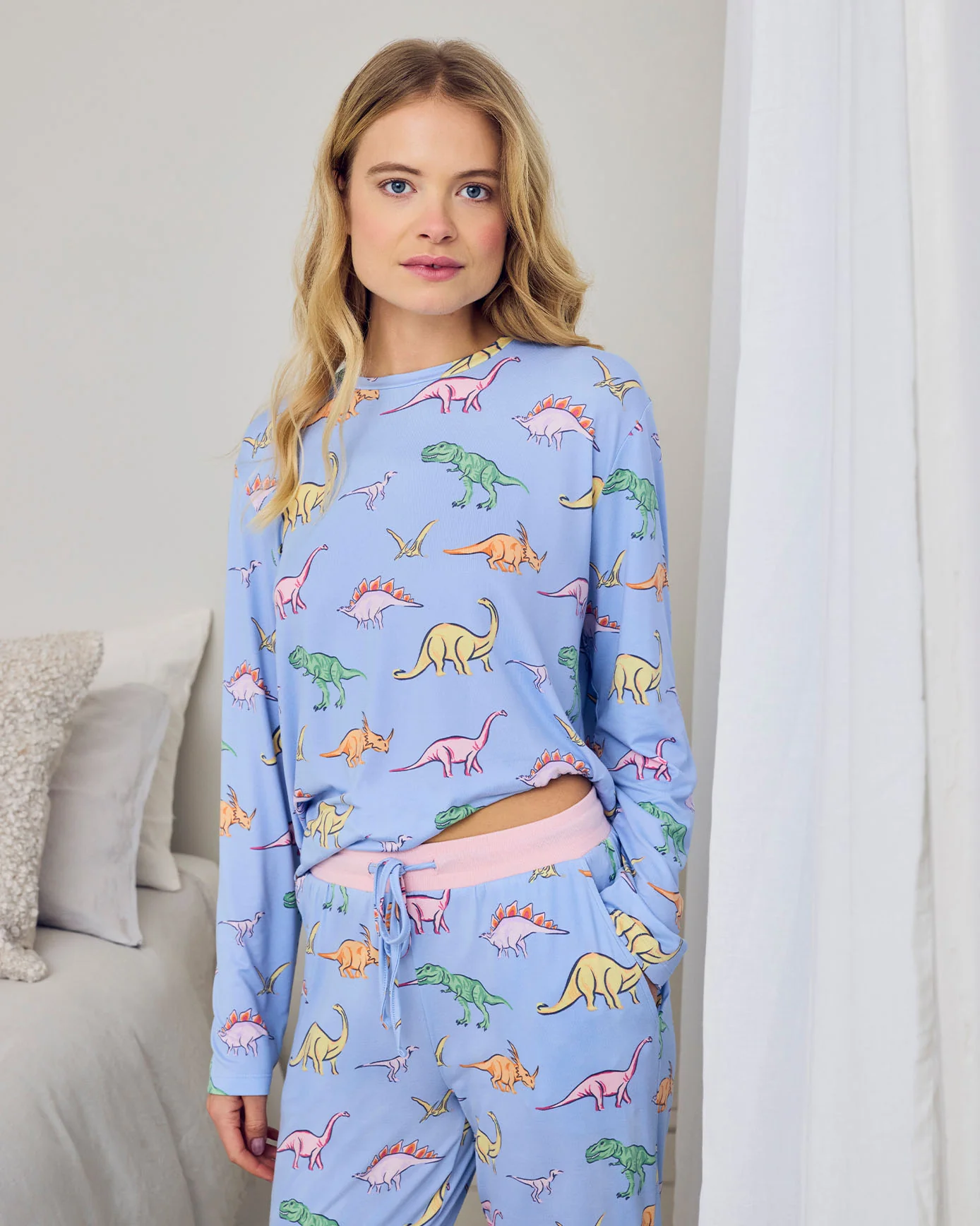 Petite Dinosaur Print Long Pyjama Set - Blue - Image 5
