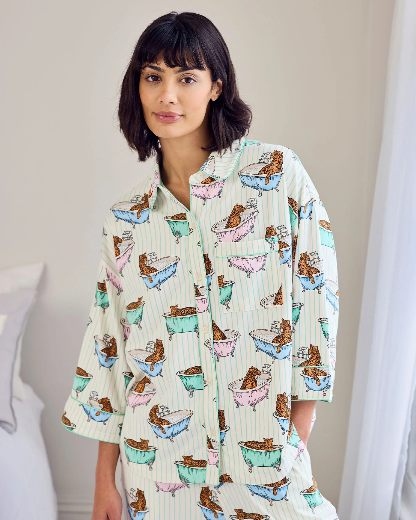 Petite Organic Cotton Bubble Bath Leopards Print Long Pyjama Set