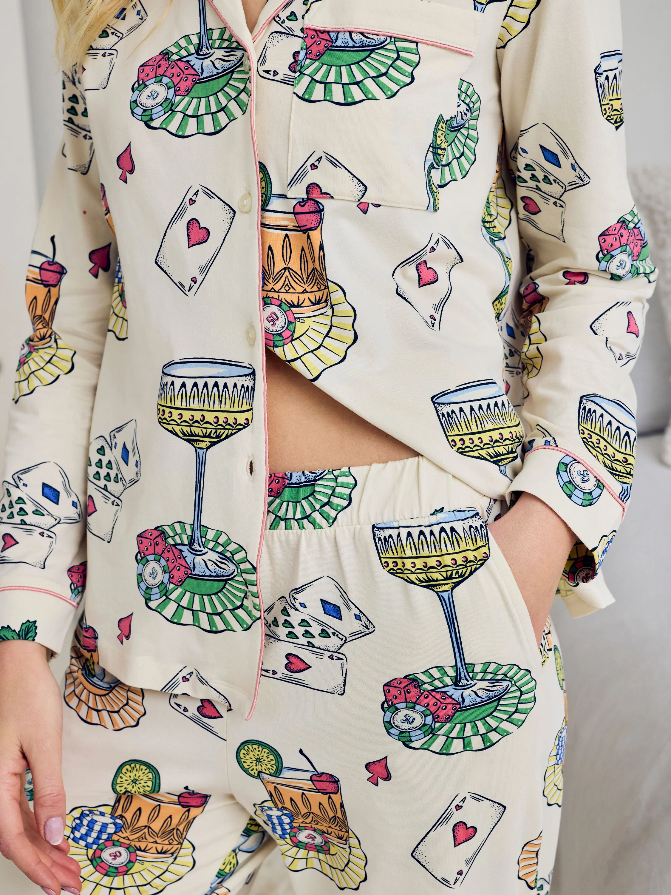 Petite Organic Cotton Cocktails & Cards Print Long Pyjama Set - Image 4