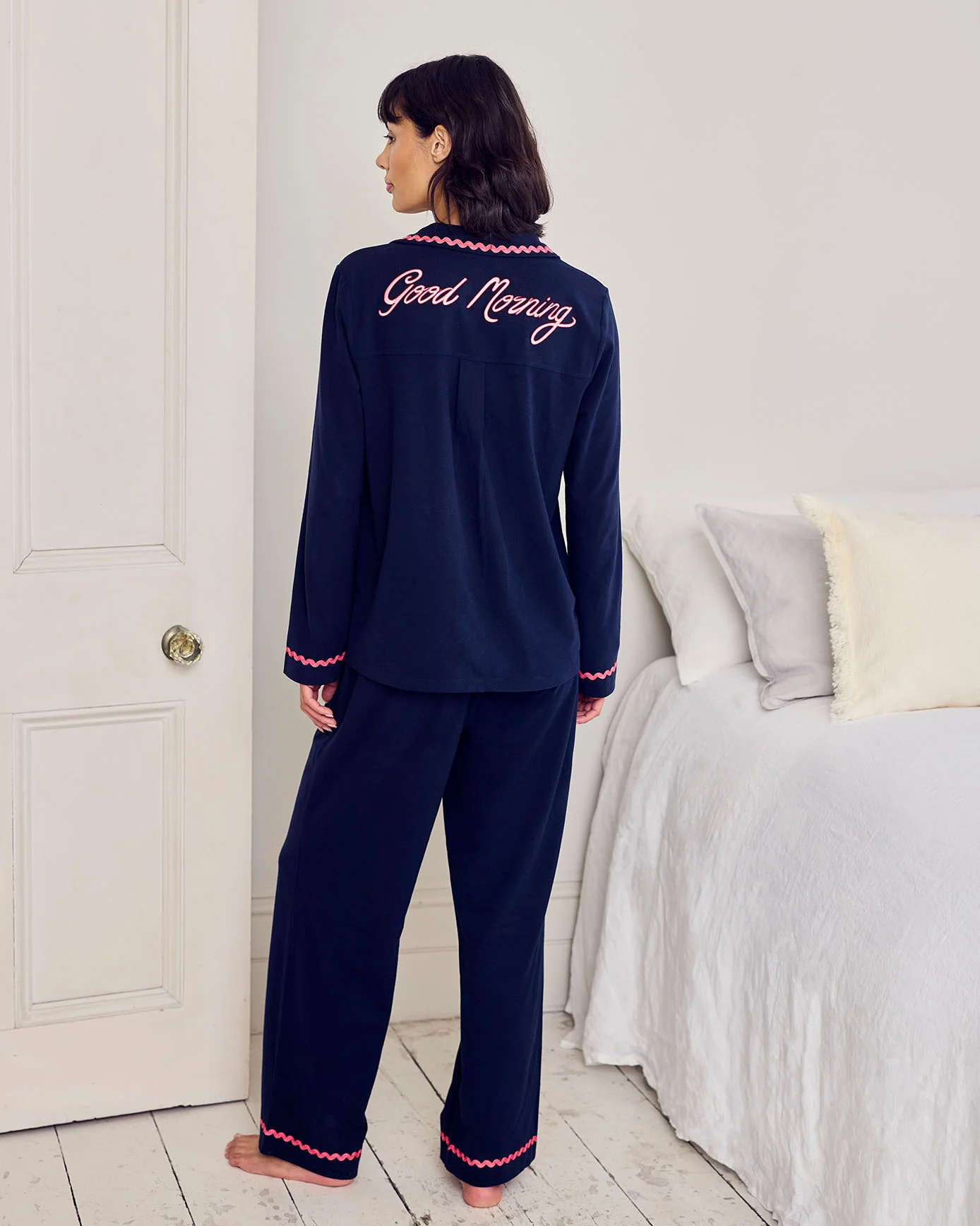Petite Organic Cotton Embroidered Back Good Morning Long Pyjama Set - Navy - Image 5