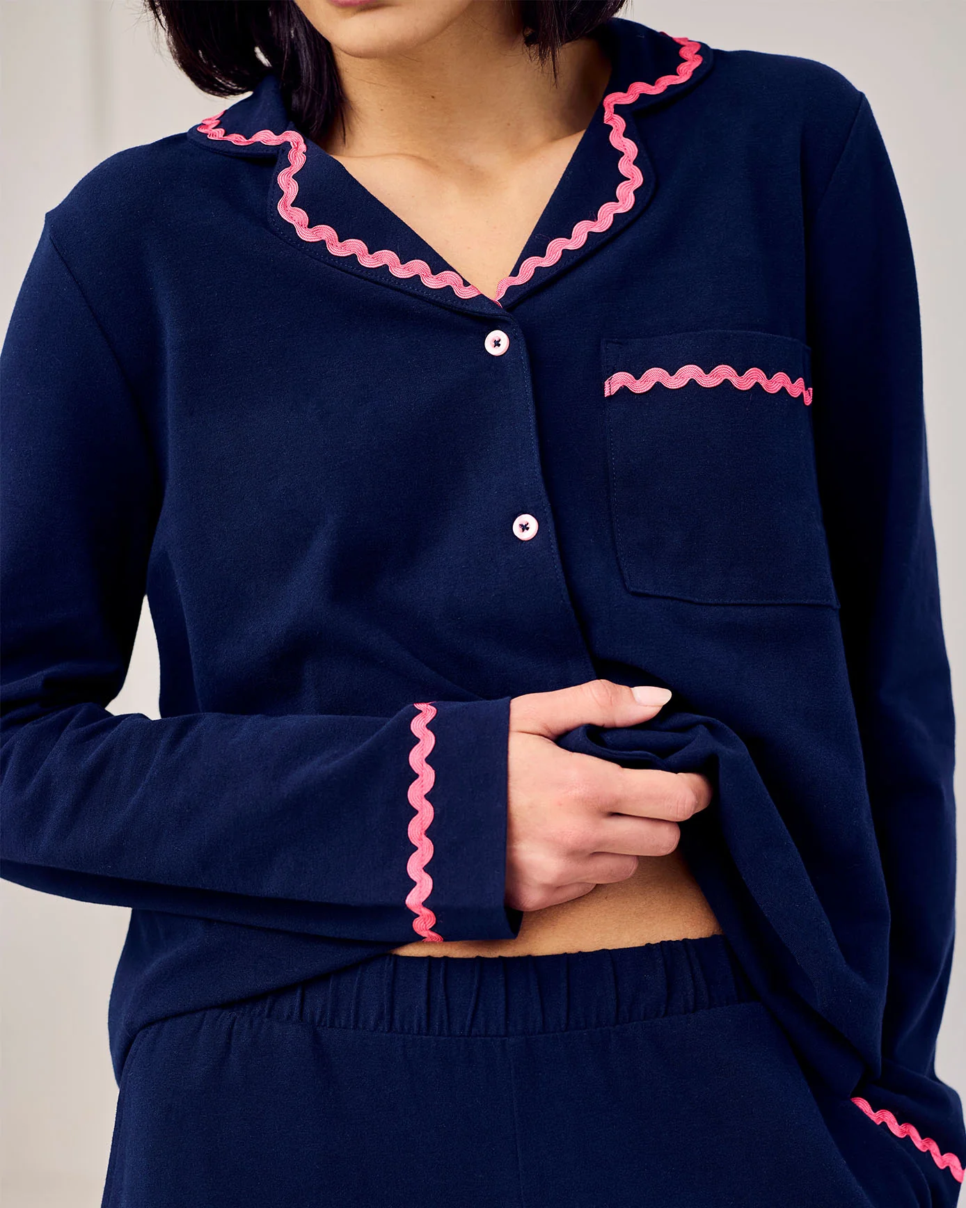 Petite Organic Cotton Embroidered Back Good Morning Long Pyjama Set - Navy - Image 6