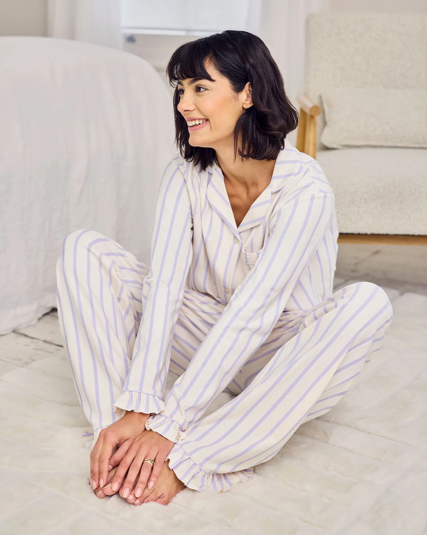 Petite Organic Cotton Lilac Stripe Frill Long Pyjama Set