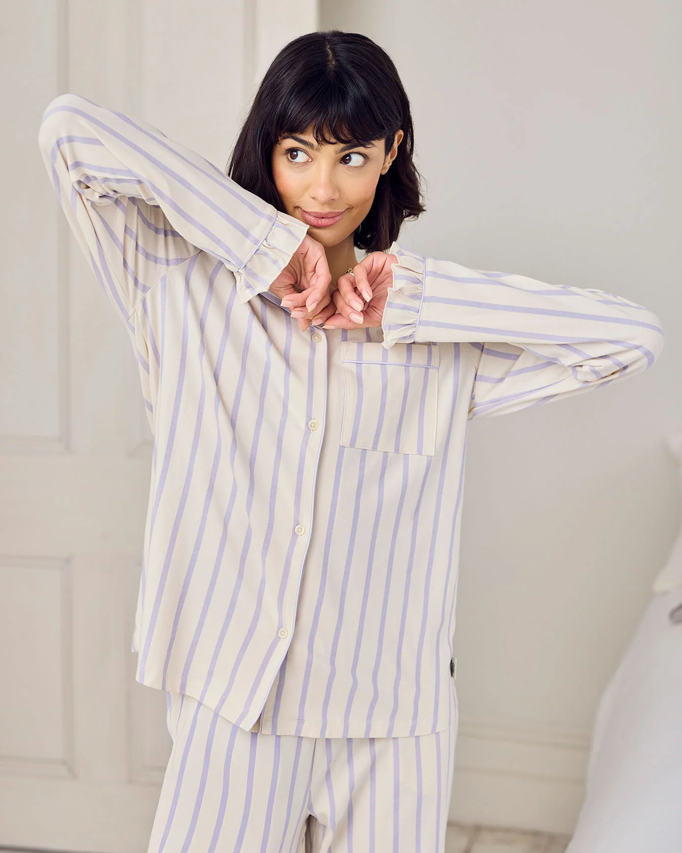 Petite Organic Cotton Lilac Stripe Frill Long Pyjama Set - Image 6
