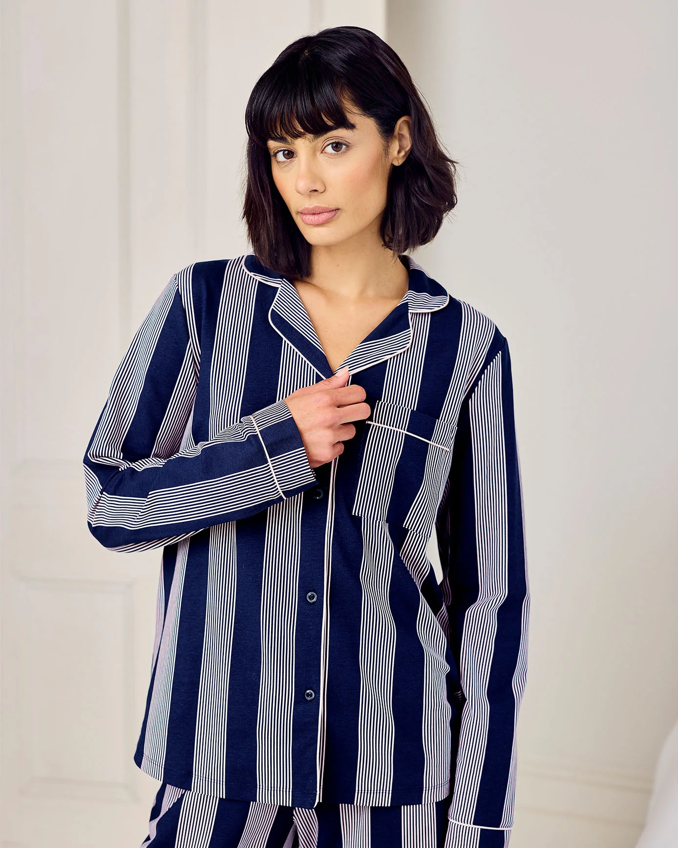 Petite Organic Cotton Stripe Button Up Pyjama Set - Navy - Image 3