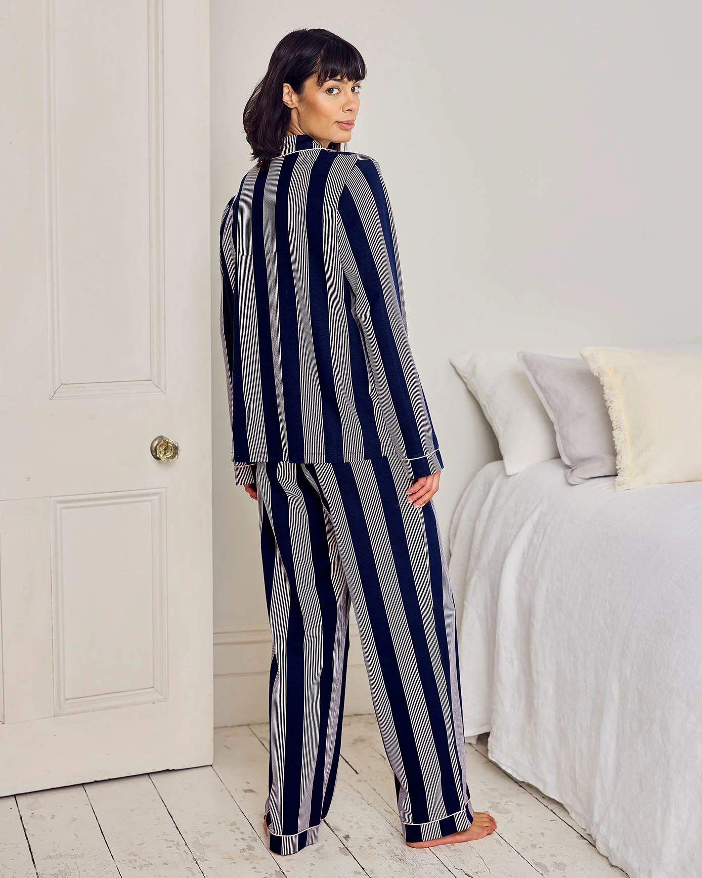 Petite Organic Cotton Stripe Button Up Pyjama Set - Navy - Image 4
