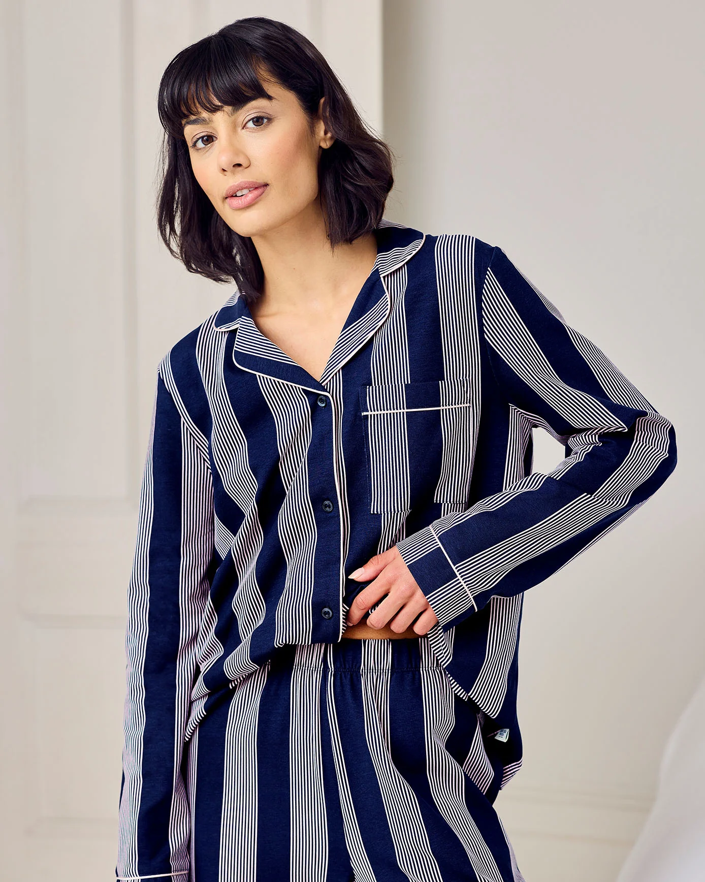 Petite Organic Cotton Stripe Button Up Pyjama Set - Navy - Image 5