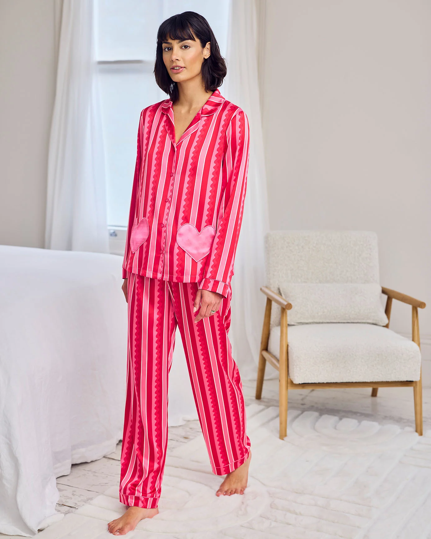 Petite Satin Heart Pocket Striped Long Pyjama Set - Pink - Image 3