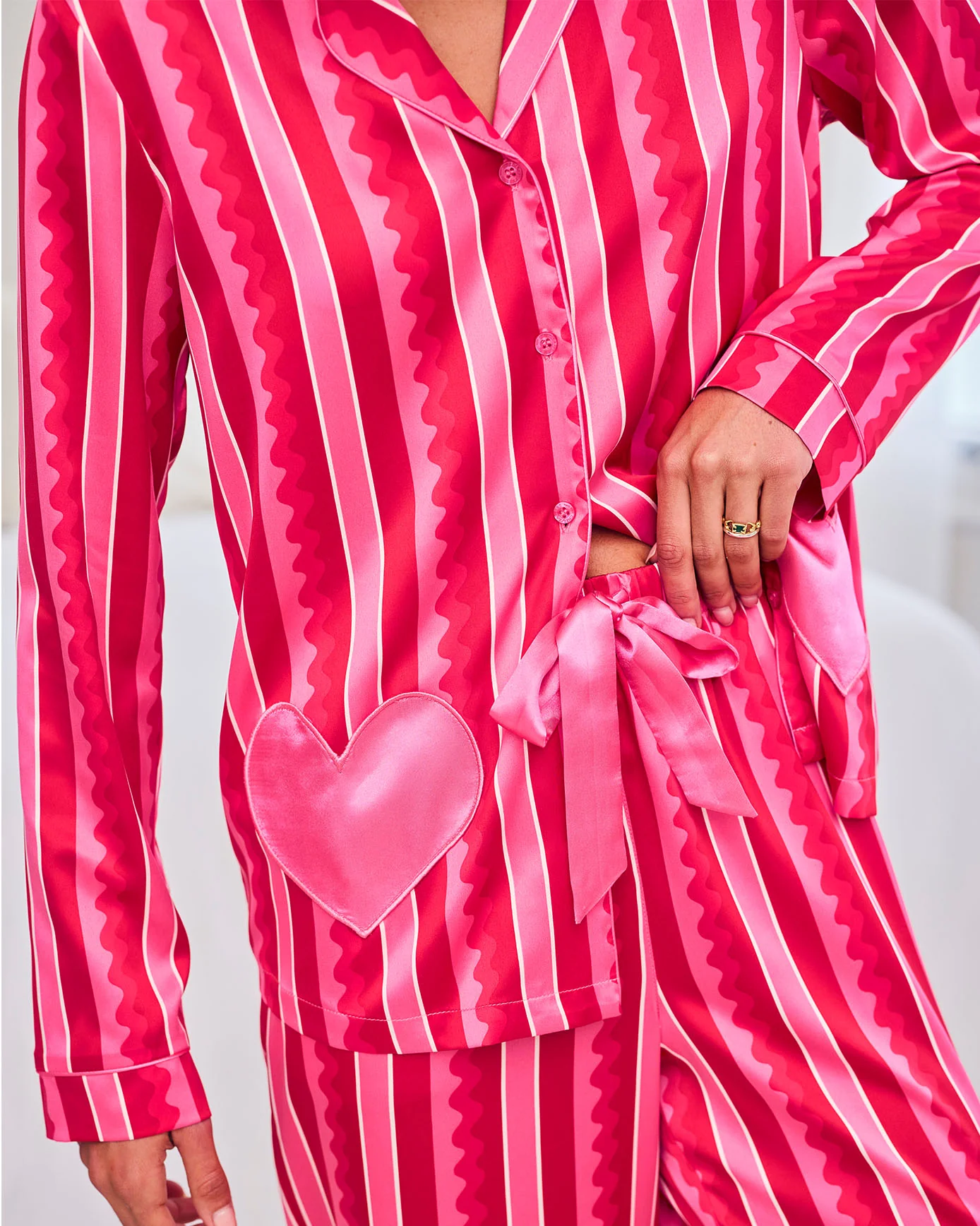 Petite Satin Heart Pocket Striped Long Pyjama Set - Pink - Image 6