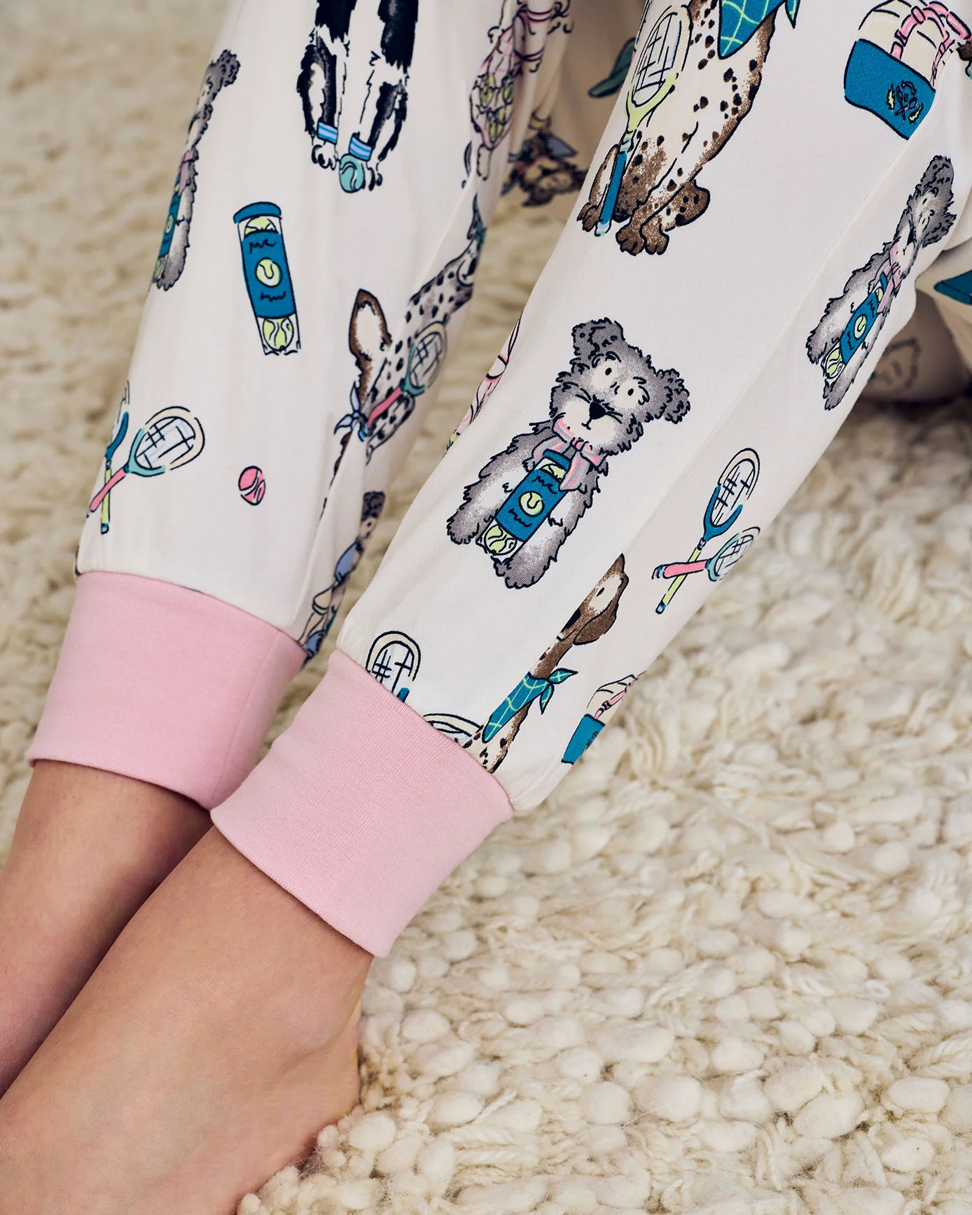 Petite Tennis Dogs Print Long Pyjama Set - Cream - Image 6