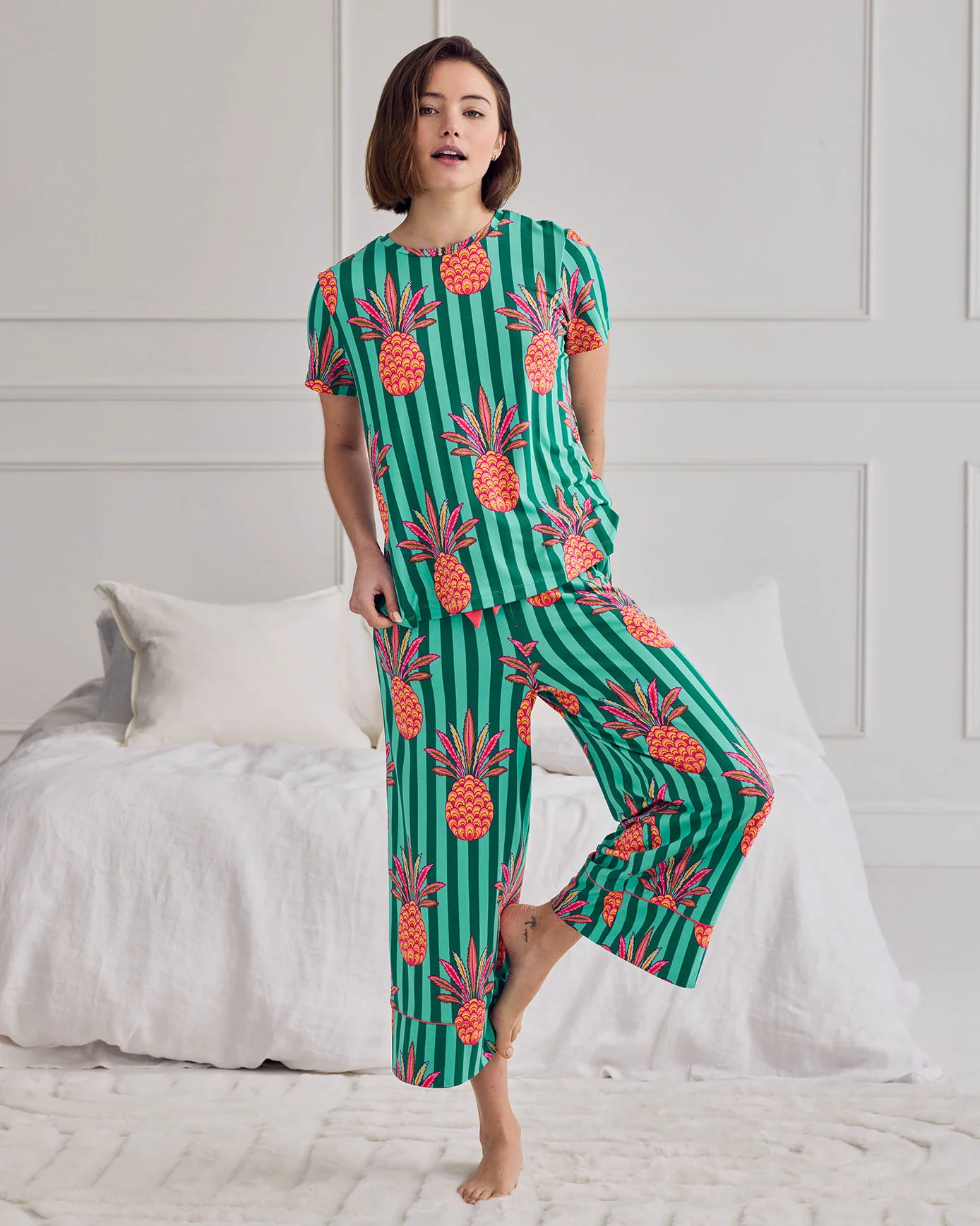 Pineapple Stripe Print Long Pyjama Set