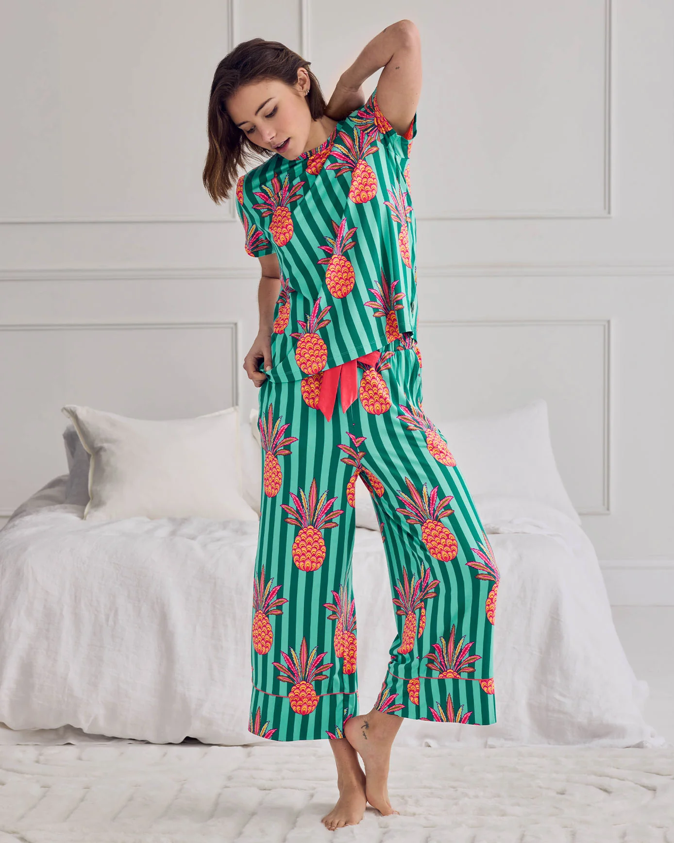 Pineapple Stripe Print Long Pyjama Set - Image 2