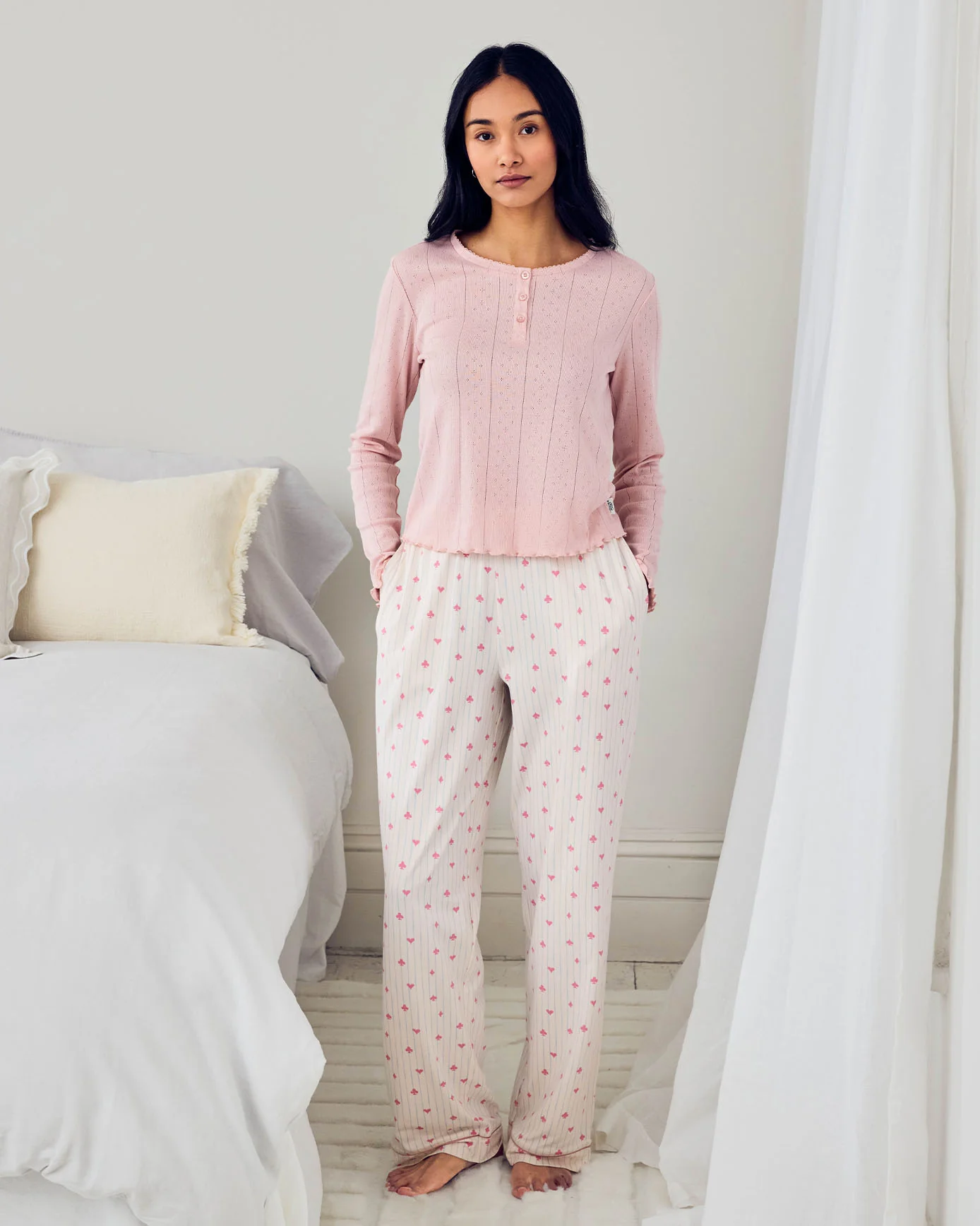 Pointelle & Organic Cotton Suit Stripe Print Long Pyjama Set