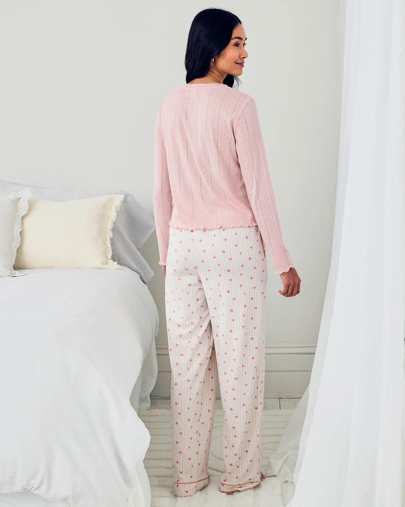 Pointelle & Organic Cotton Suit Stripe Print Long Pyjama Set - Image 4