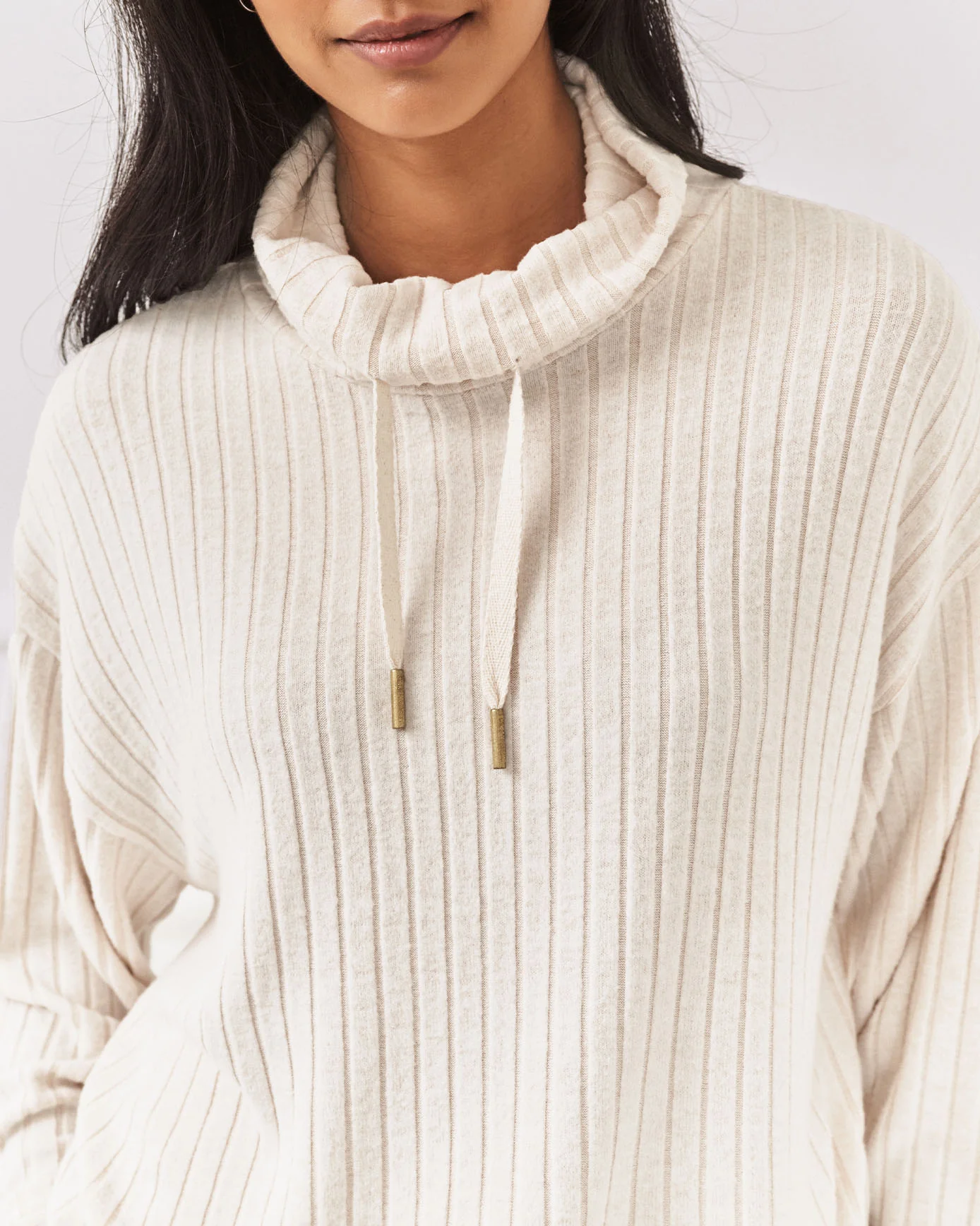 Ribbed Knit High Neck Sweatshirt - Cream - Image 4